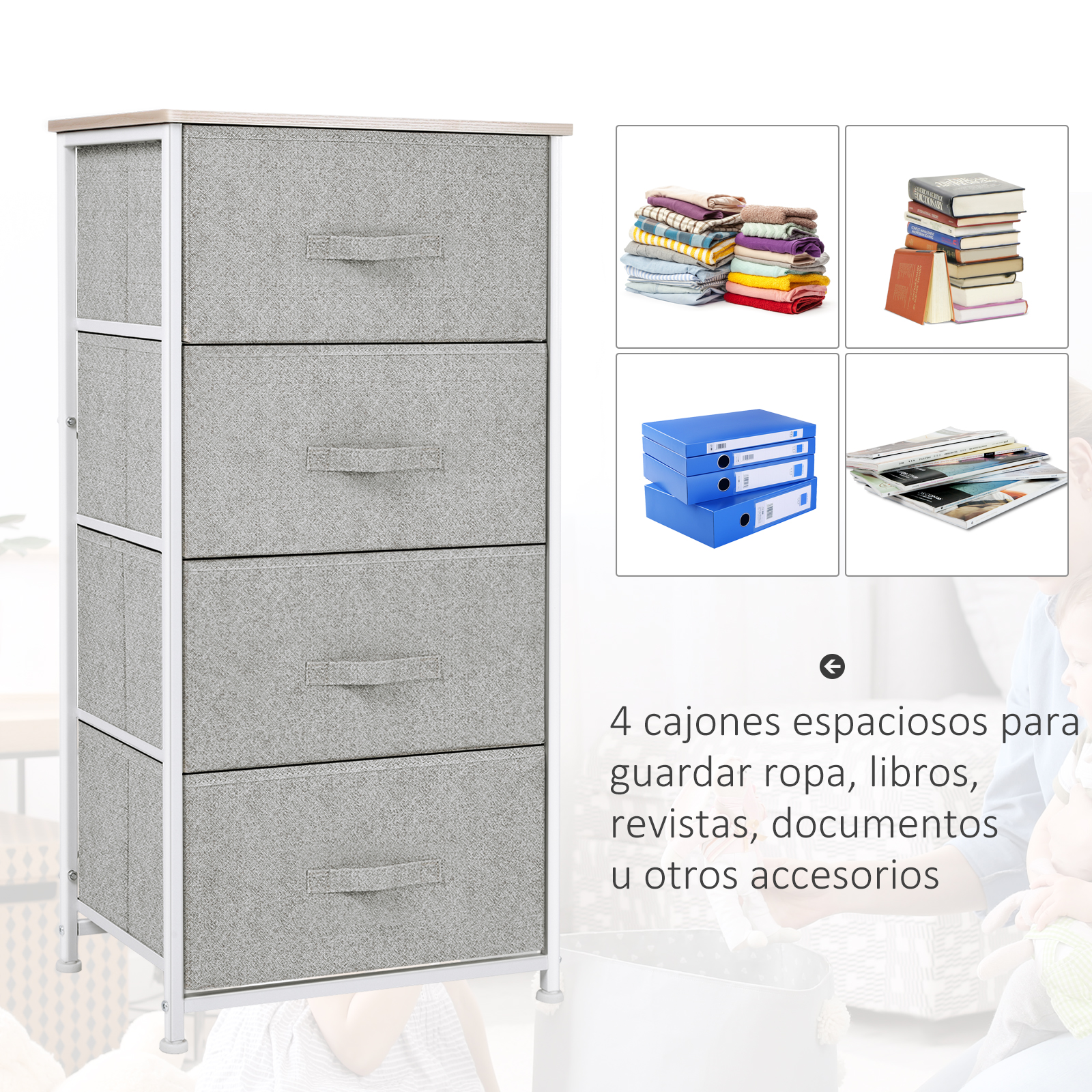 Cómoda de tela gris con cuatro cajones, mostrando pilas de ropa, libros, carpetas y revistas.