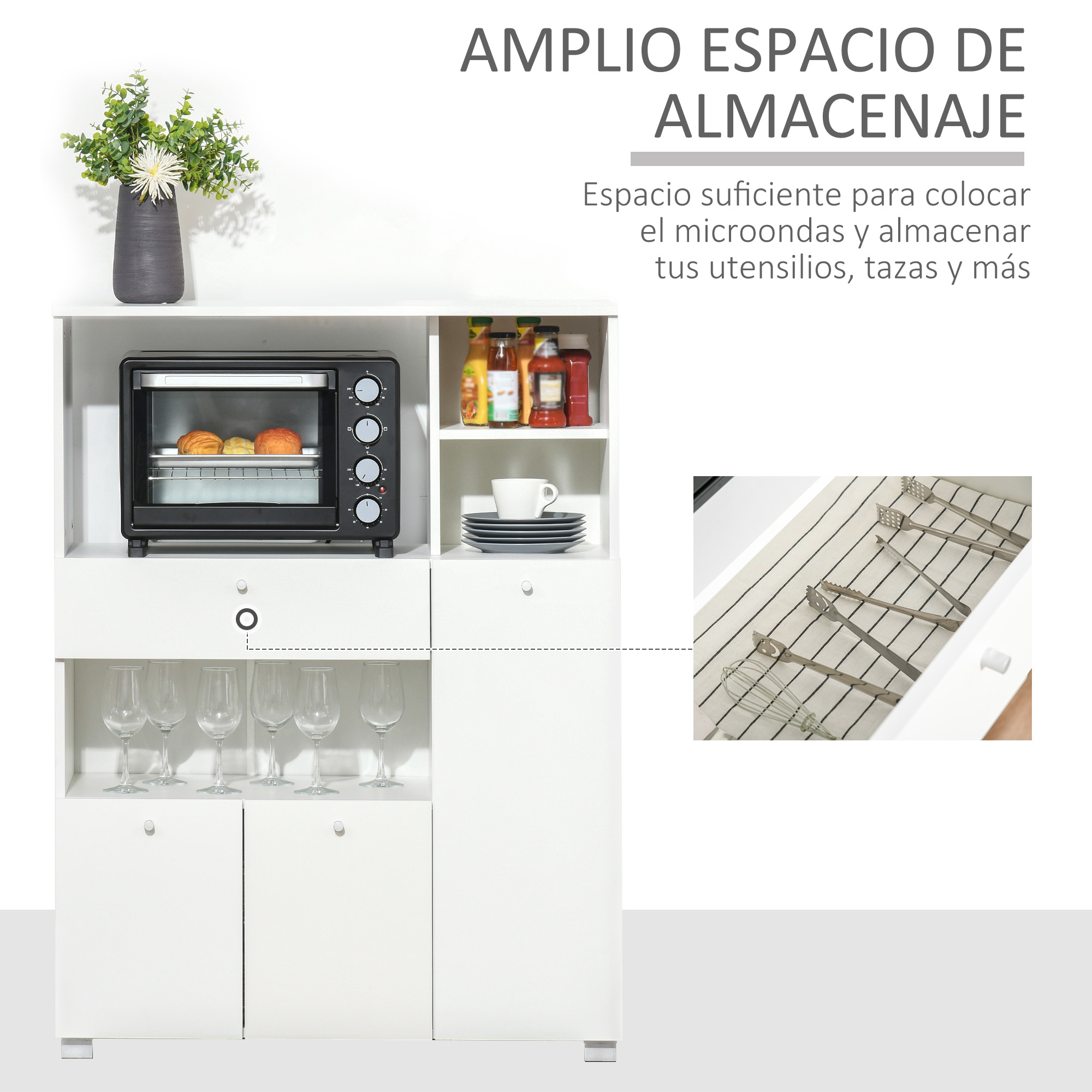 Un mueble de cocina blanco con microondas, vasos, botellas y utensilios.