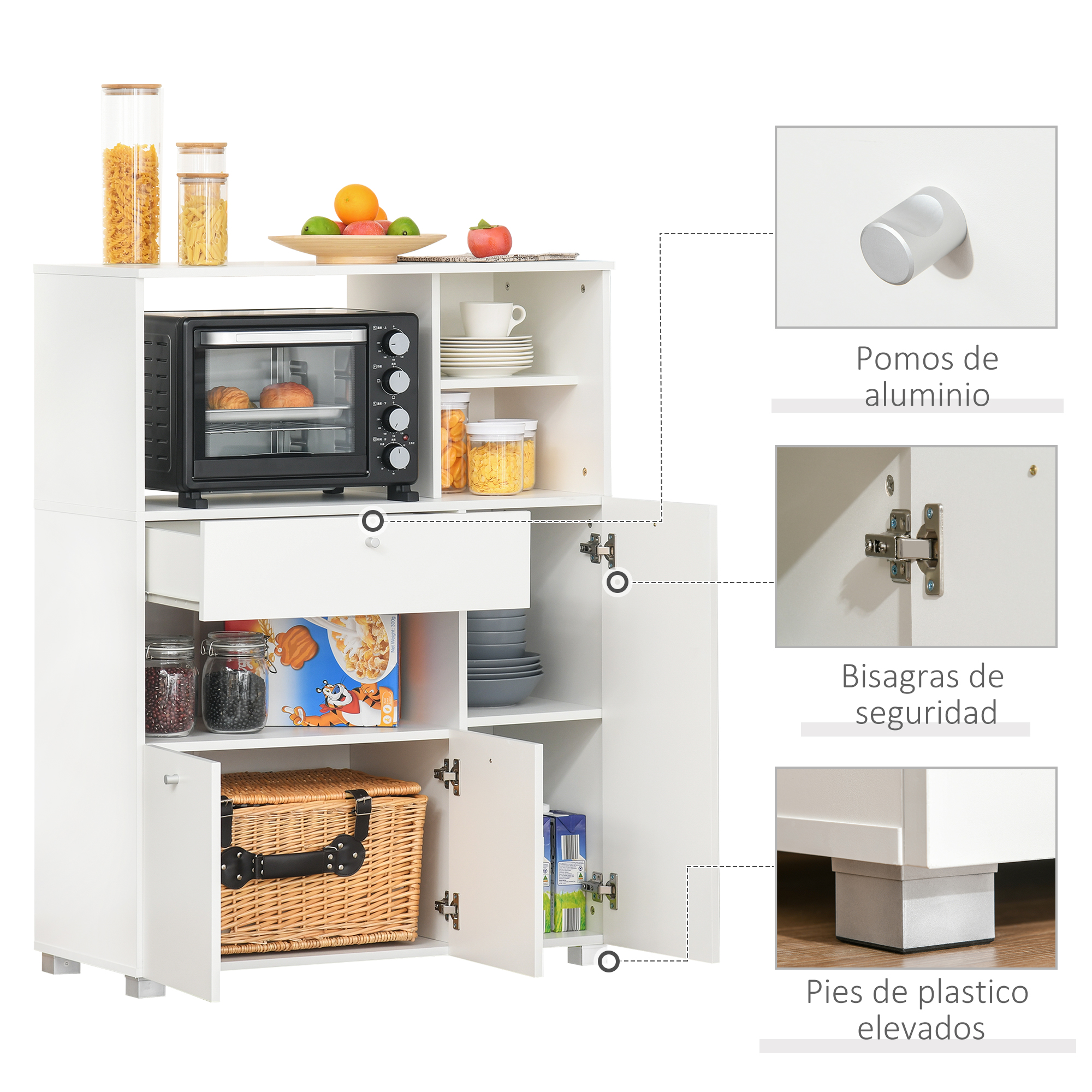 Mueble de cocina blanco con horno, frutas, pasta, vajilla y detalles como tiradores, bisagras, pies.