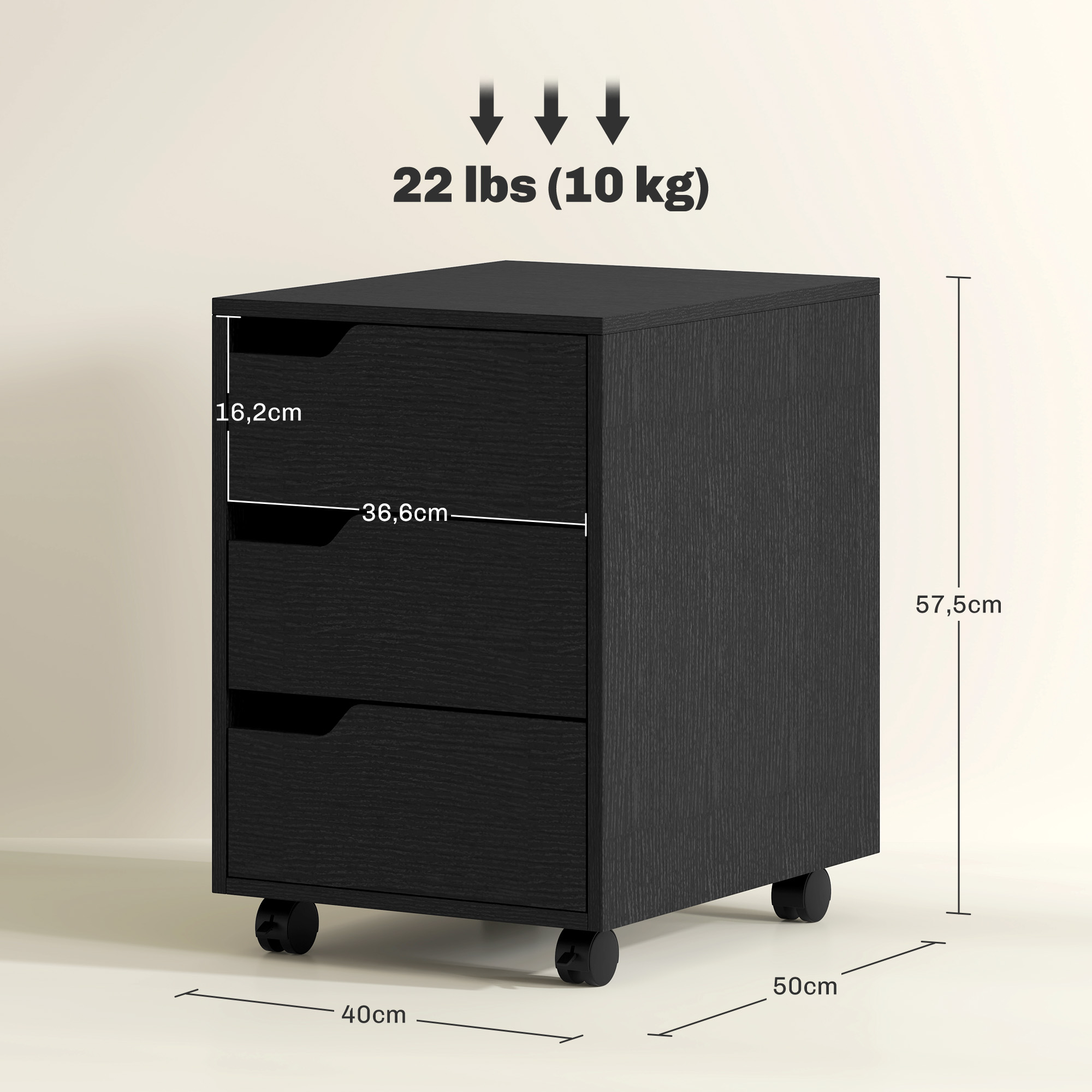 Cajonera negra de tres cajones con ruedas. Dimensiones 40x50x57,5cm.