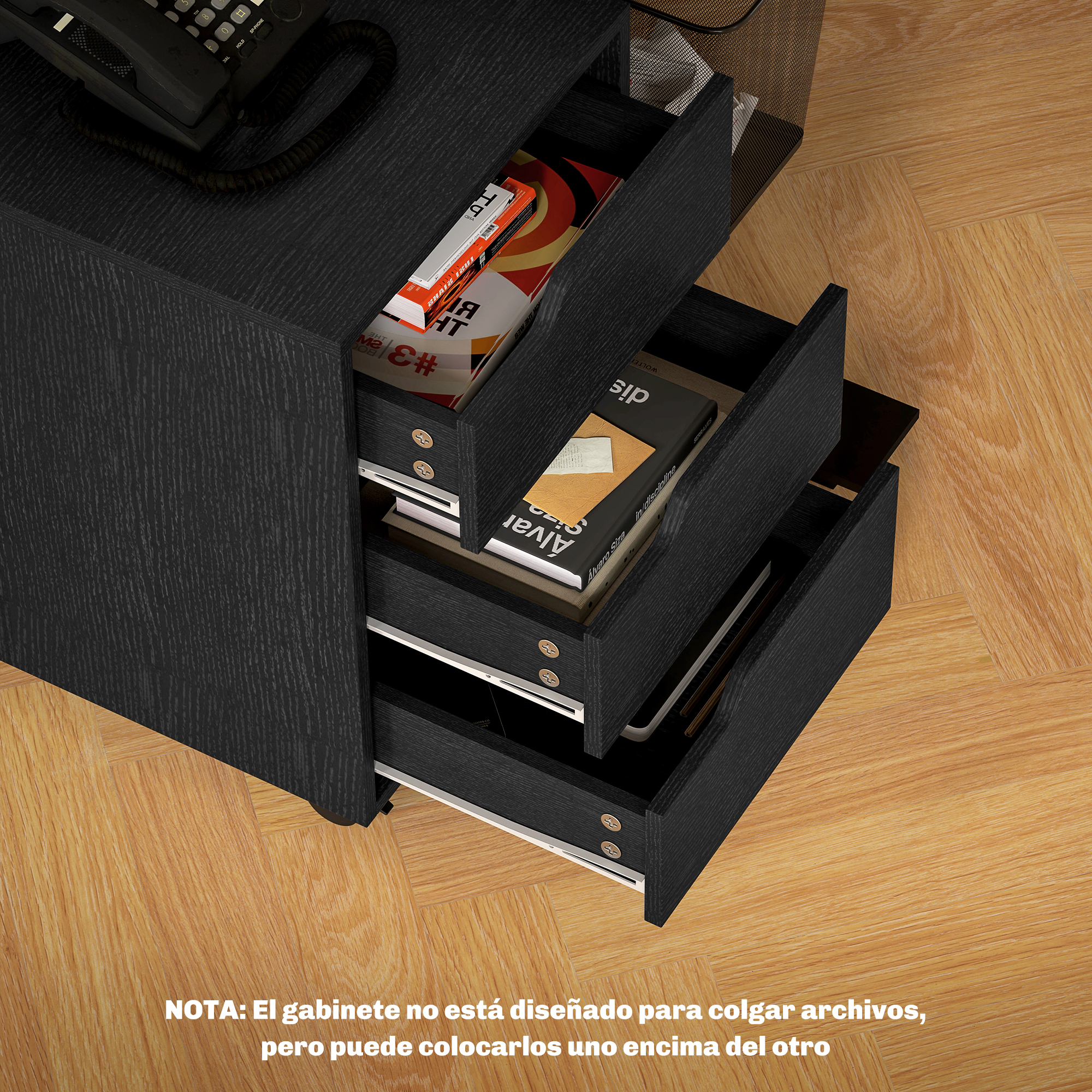 Gabinete negro con cajones abiertos llenos de libros y un teléfono.