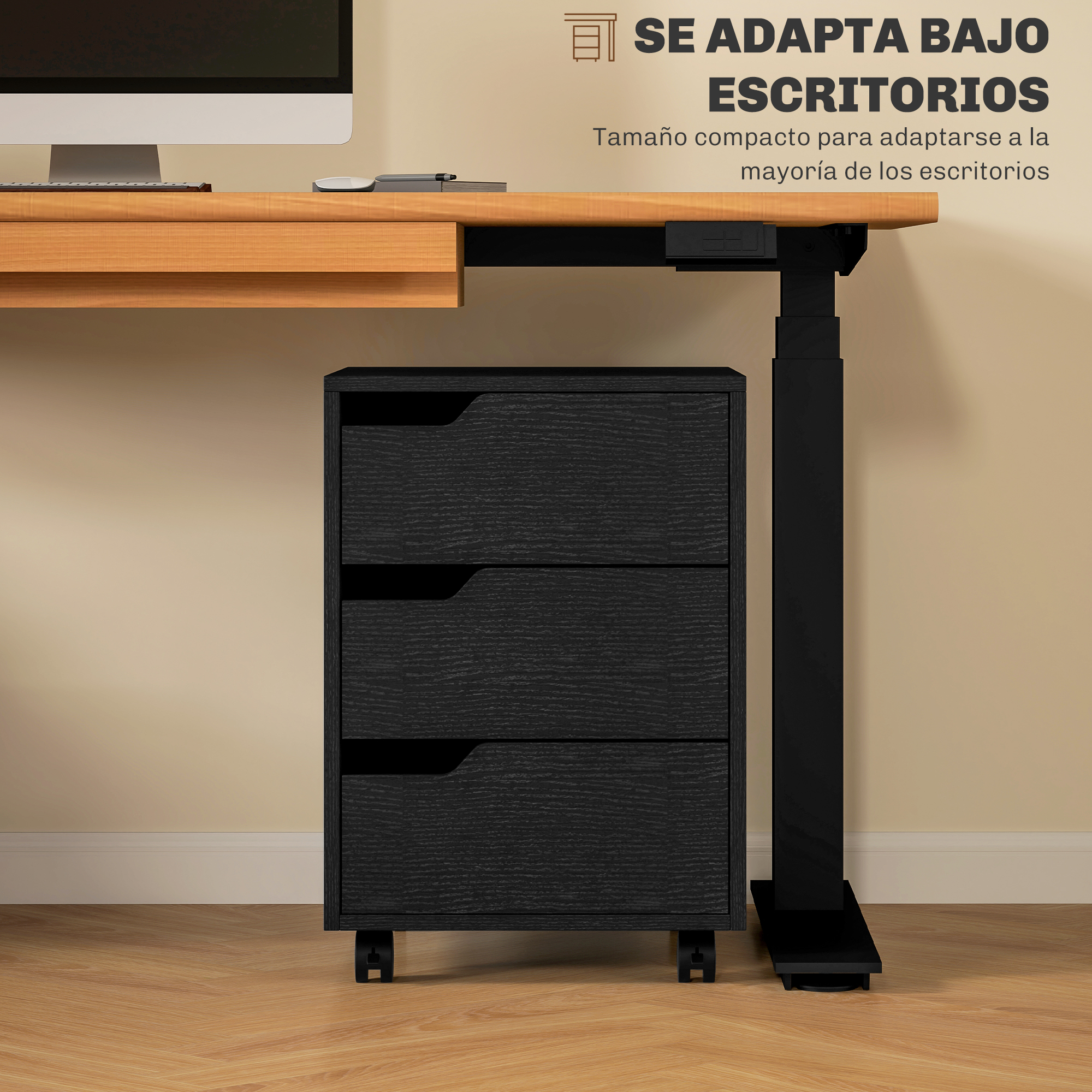 Mueble rodante negro de tres cajones debajo de un escritorio de madera.