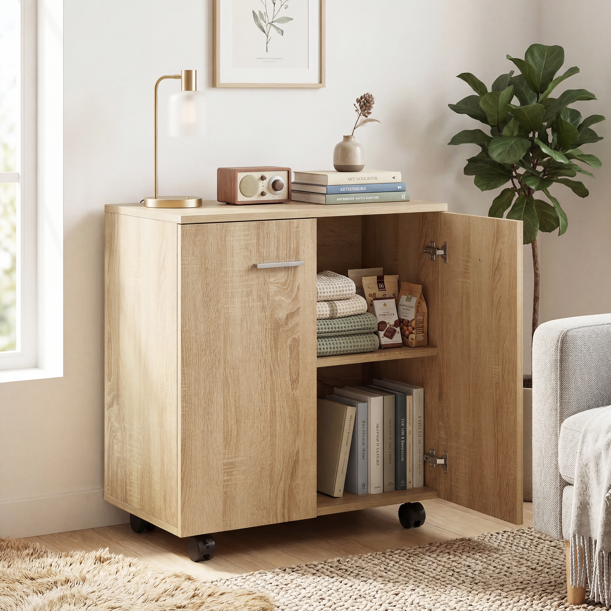 Un mueble de madera clara con puertas abiertas, lleno de libros y aperitivos.