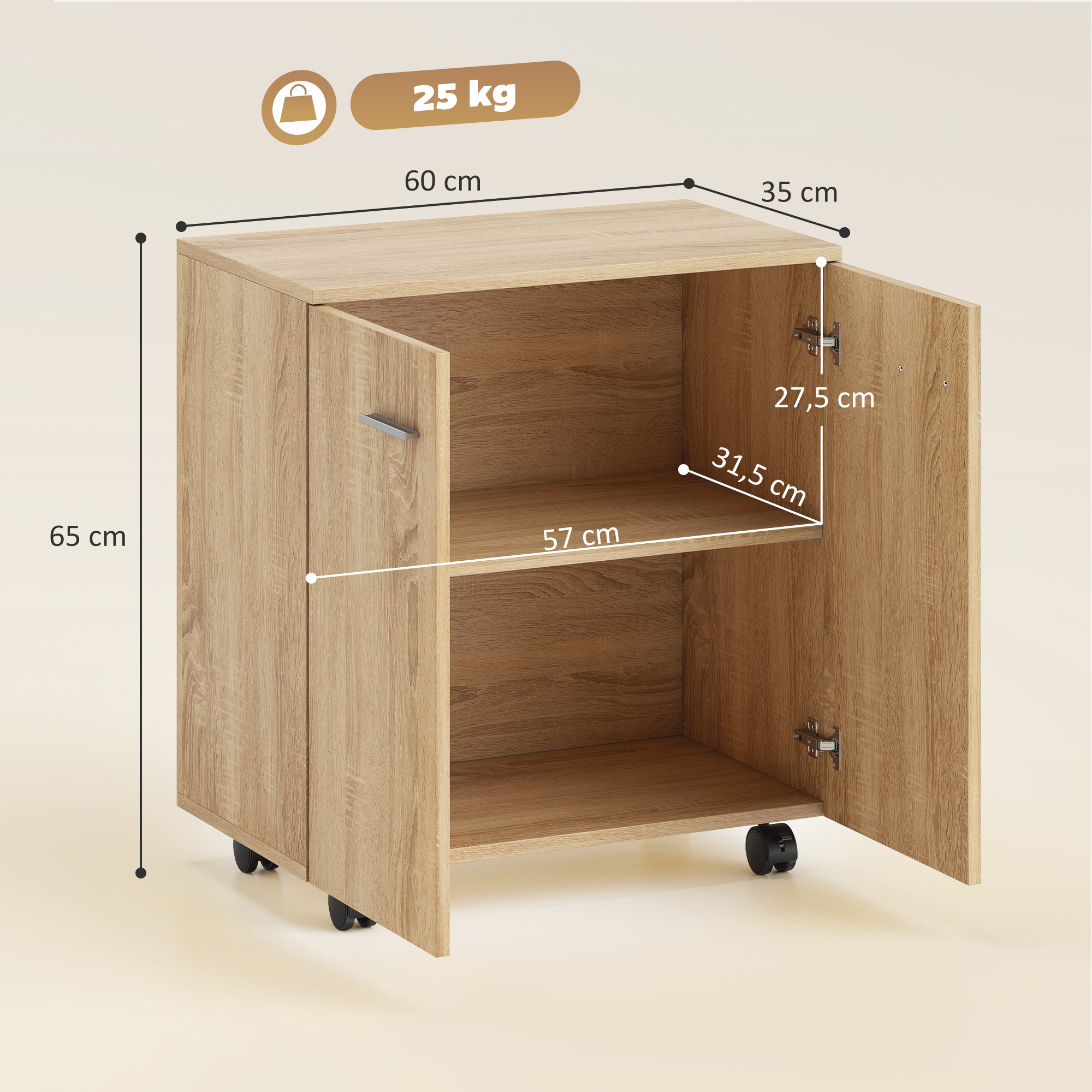 Armario de madera con dos puertas y ruedas, medidas 60x35x65 cm.