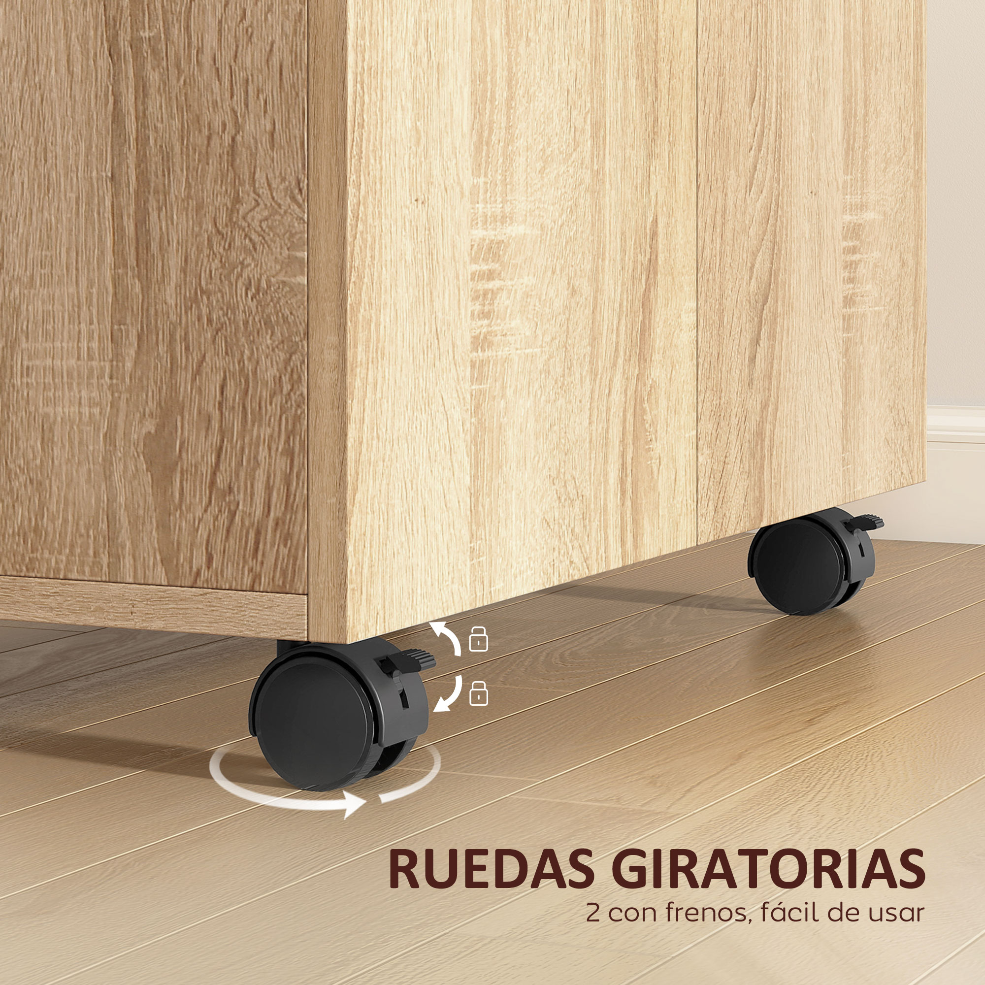 Mueble de madera sobre ruedas negras con frenos en suelo de madera.