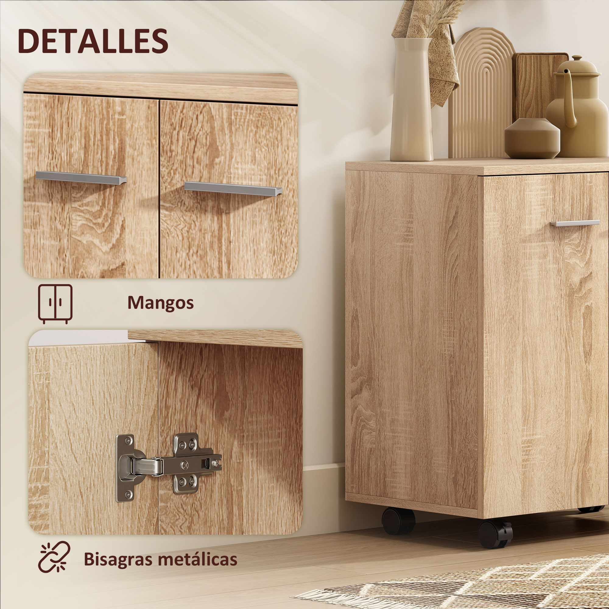 Un armario de madera con dos puertas, tiradores plateados y ruedas.
