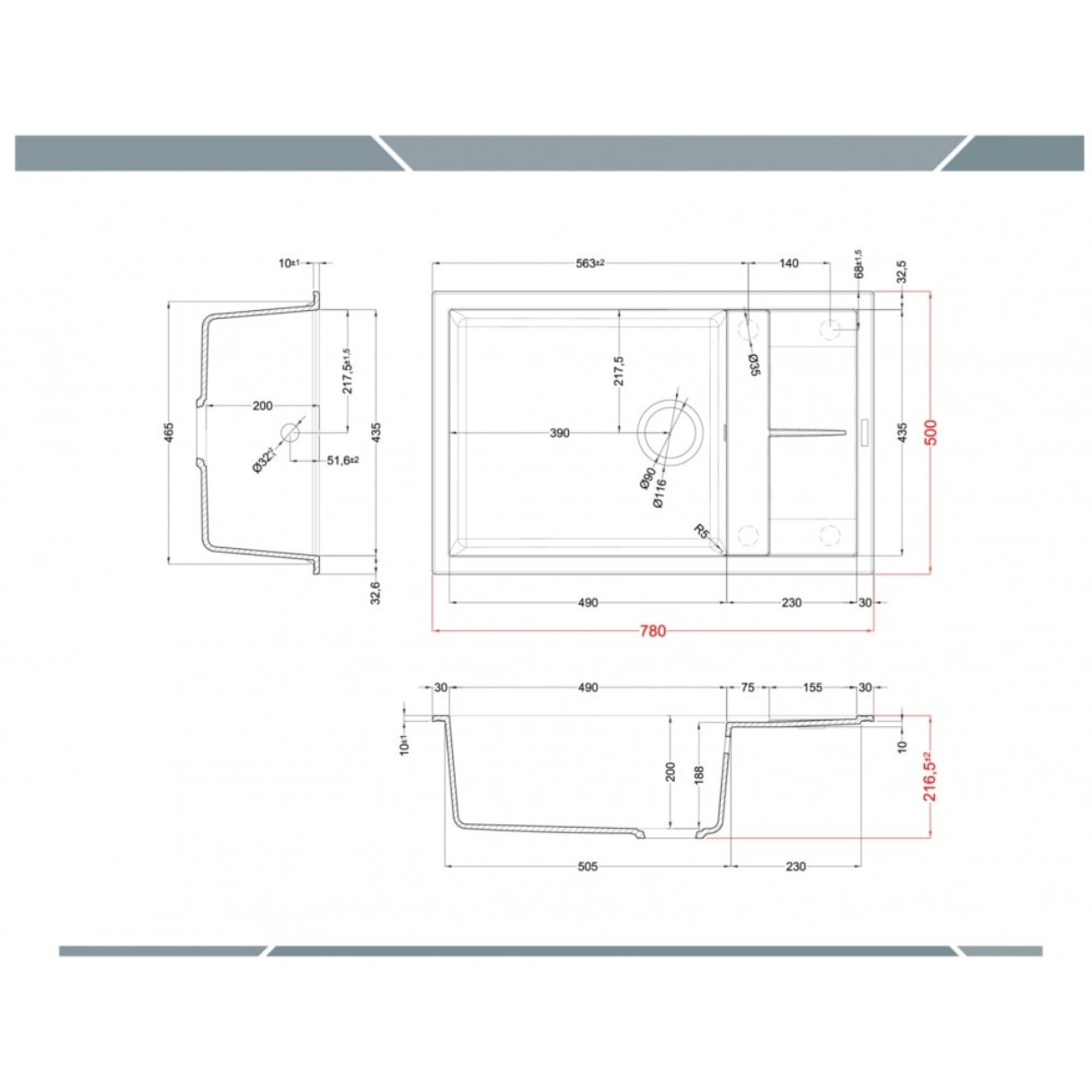 Disegno tecnico di un lavello con dimensioni e viste.