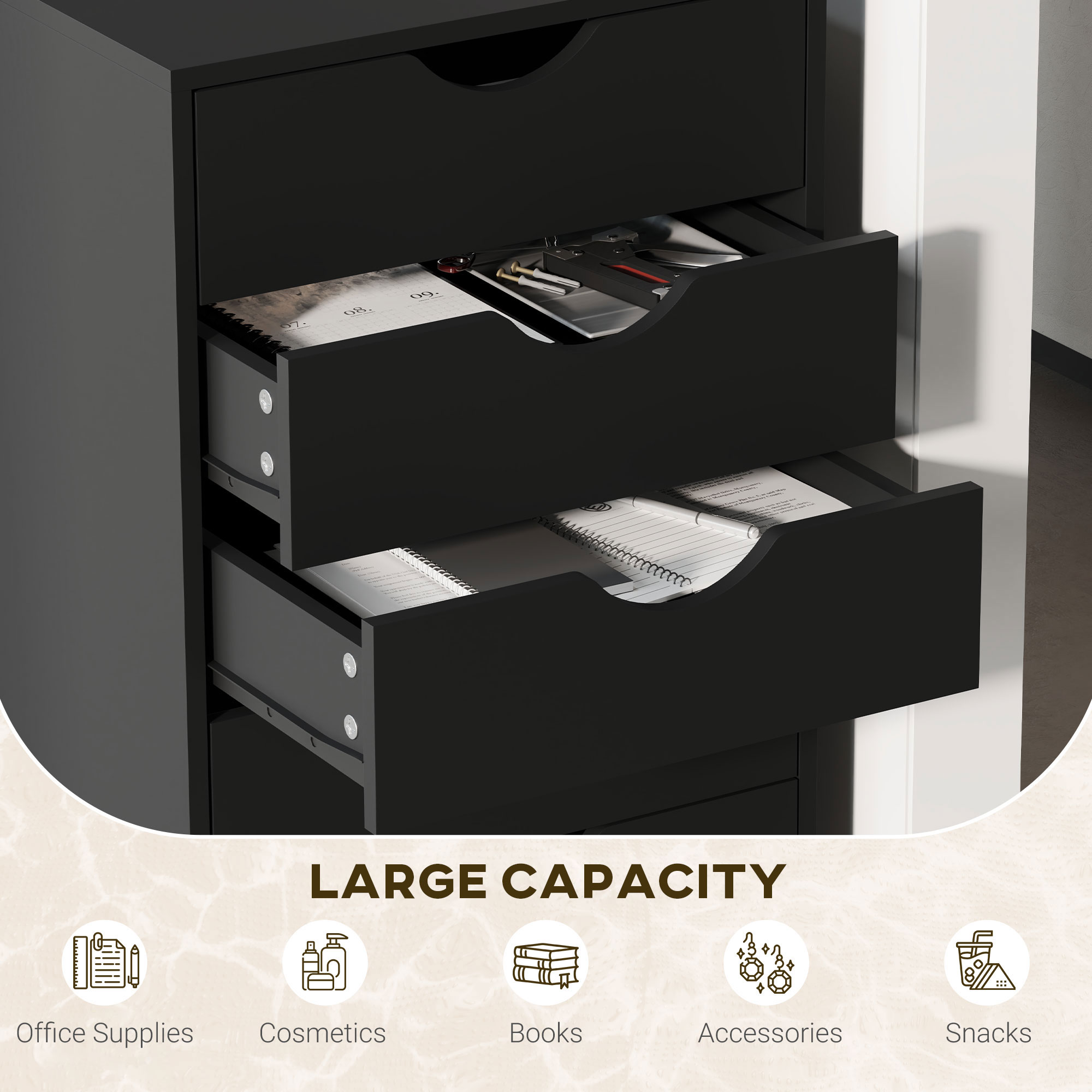 Mueble de cajones negro con cajones abiertos que contienen material de oficina, cosméticos y libros.