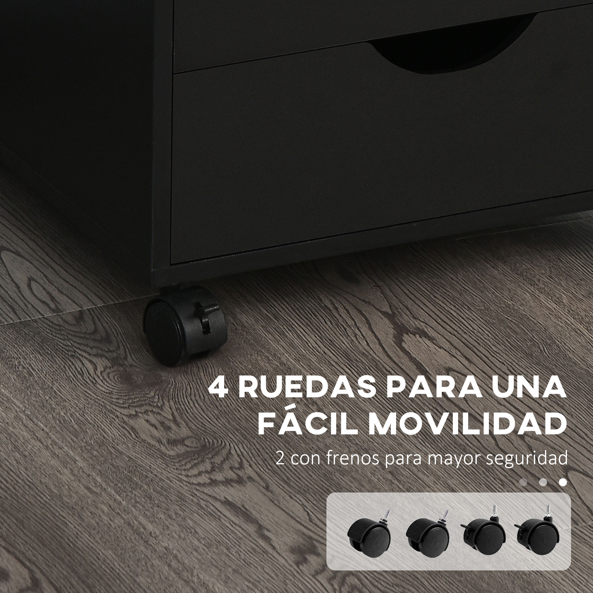 Gabinete negro con cuatro ruedas sobre piso de madera. Texto resalta movilidad.