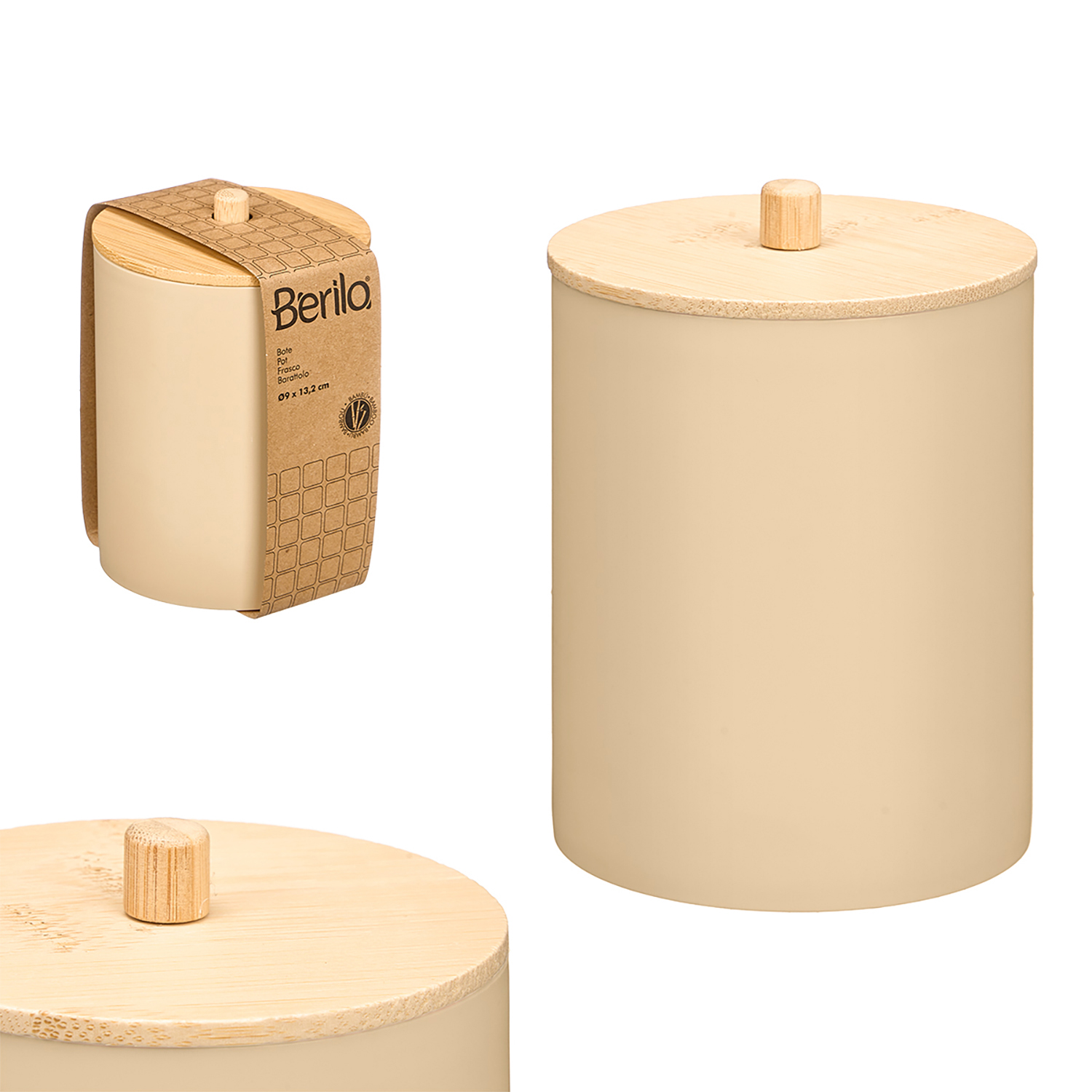Contenitore beige con coperchio e manico in bambù. Confezione con info prodotto.
