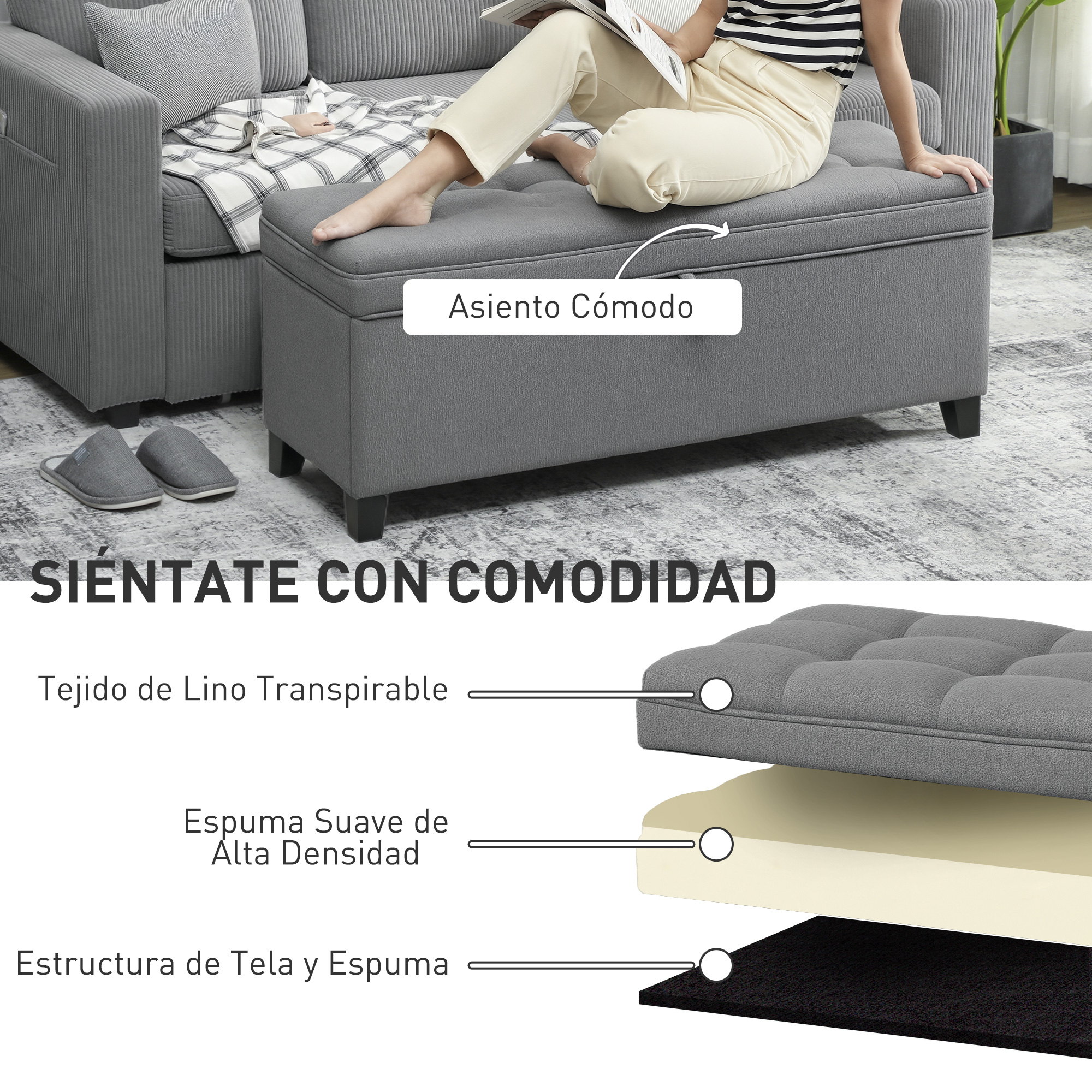 Una persona se sienta en un otomana gris con un sofá detrás. Las capas muestran tela, espuma y estructura.