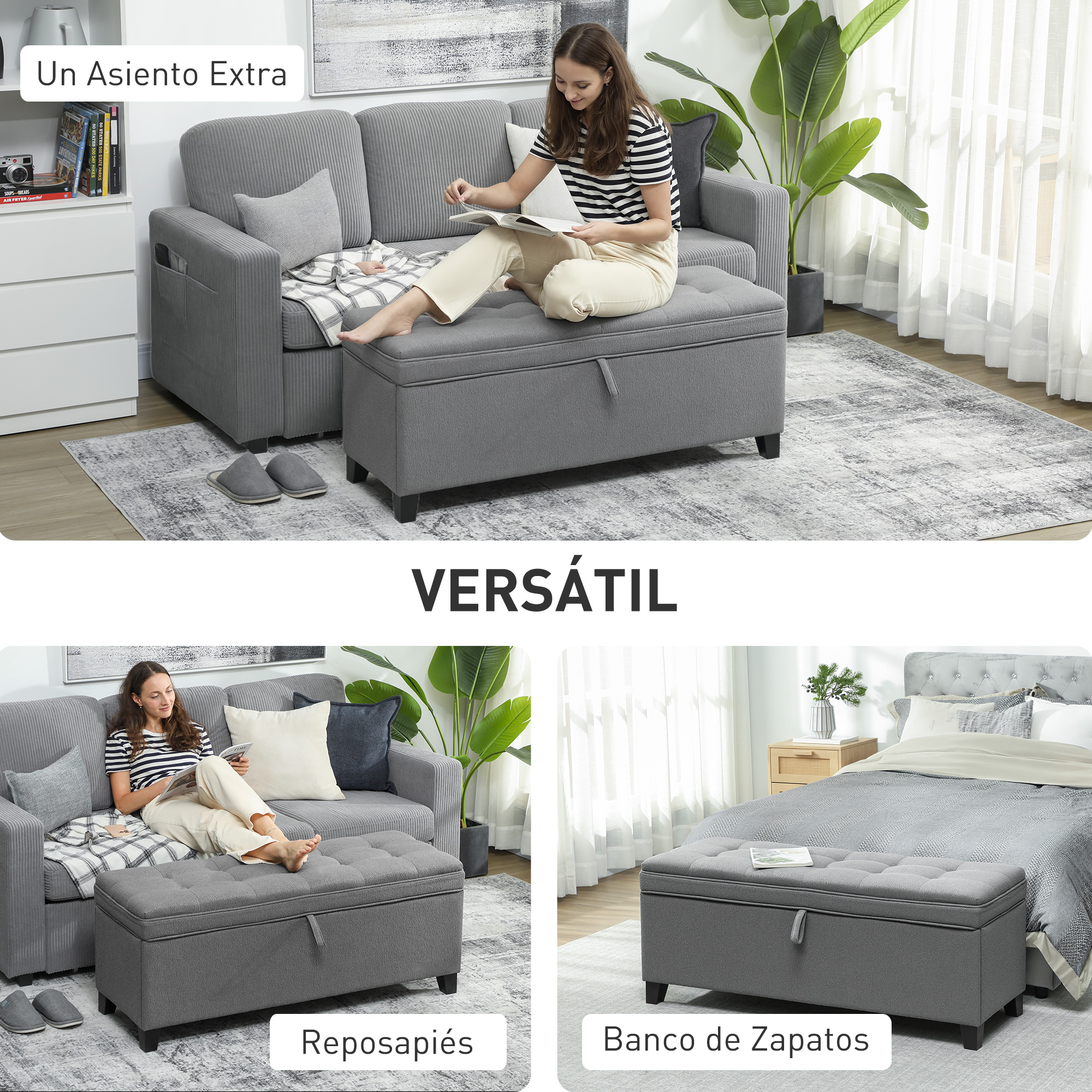 Mujer lee en sofá gris con otomana de almacenamiento a juego, cama cerca.