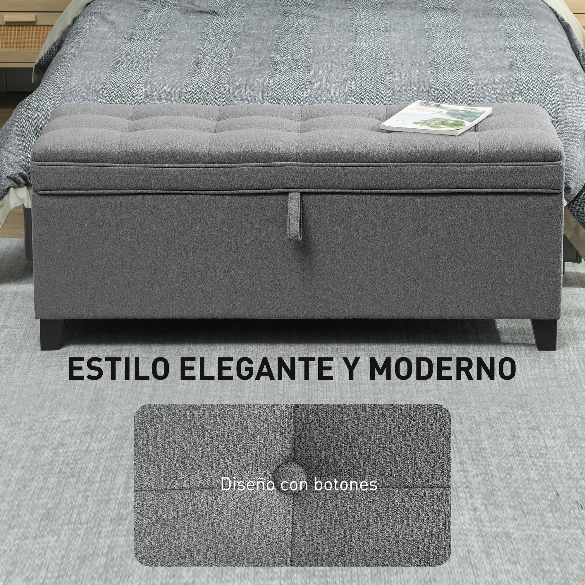 Banqueta de almacenamiento gris con tapa capitoné y revista.