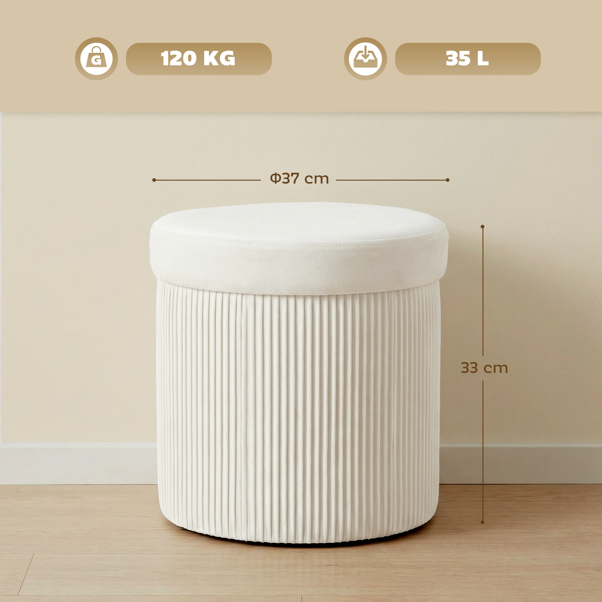 Un otomana blanco con diseño acanalado, 37cm diámetro, 33cm altura, 120kg carga, 35L.