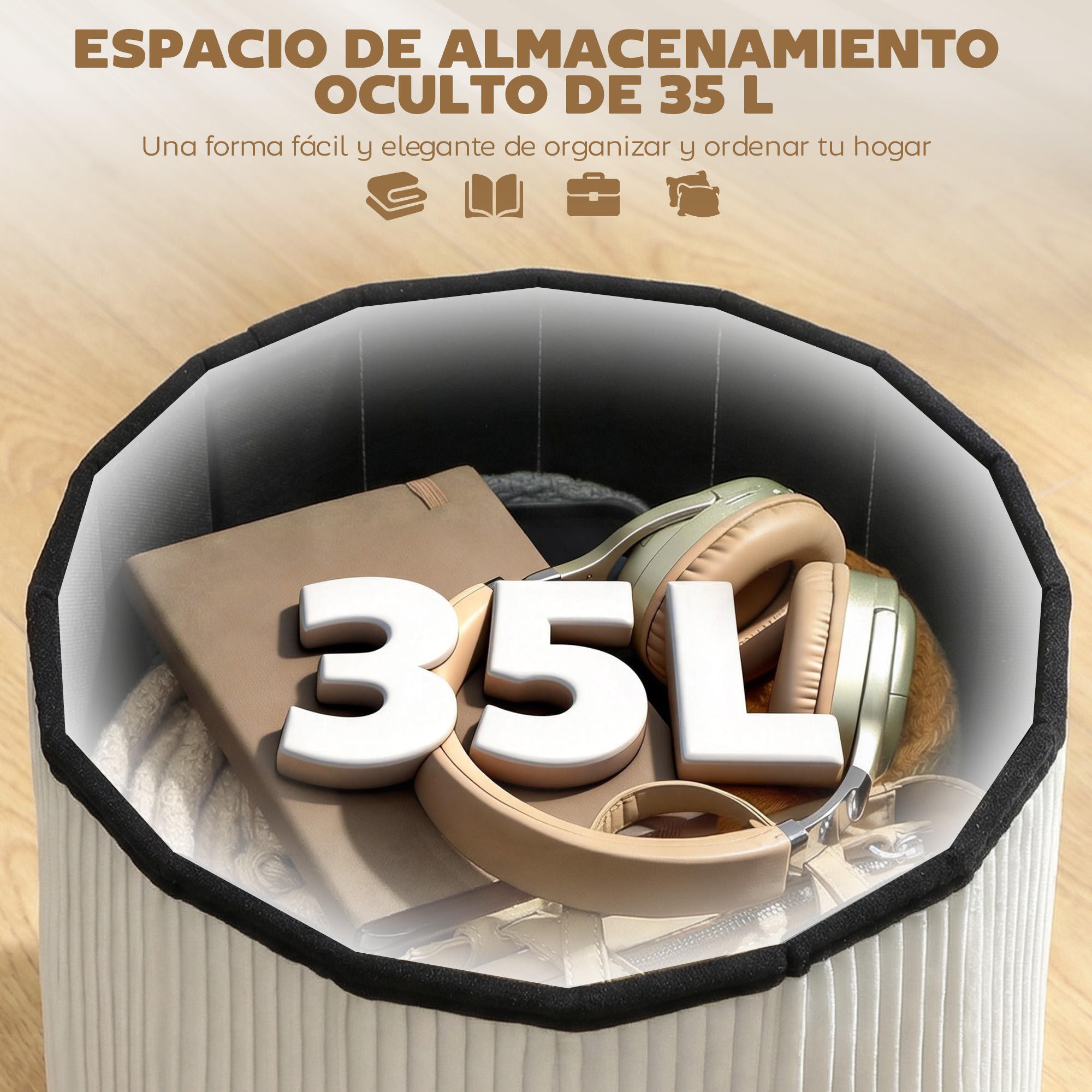 Cesta de almacenamiento blanca de 35L con auriculares, libreta y bolso.