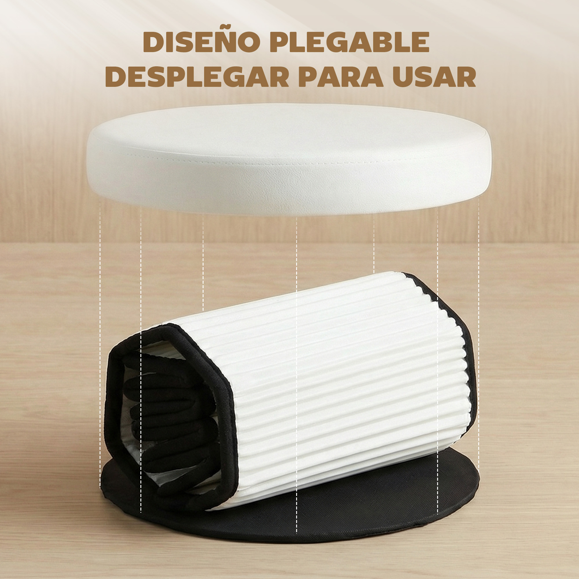 Un taburete blanco montado sobre una base negra plegable.