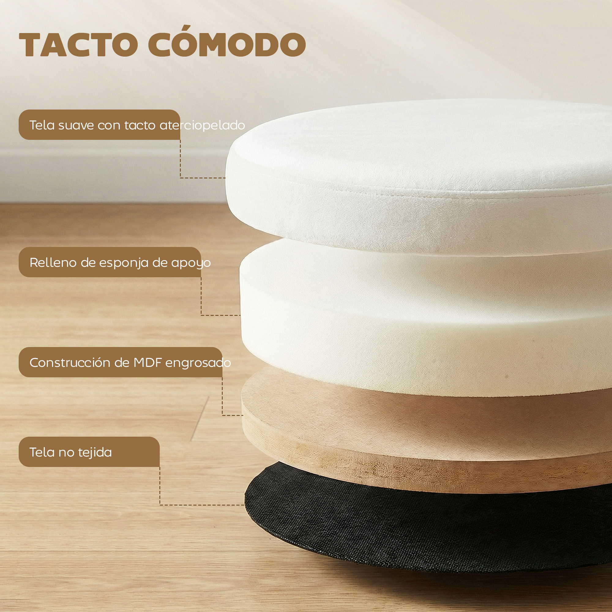 Construcción de taburete en capas: terciopelo, esponja, MDF y tejido no tejido.