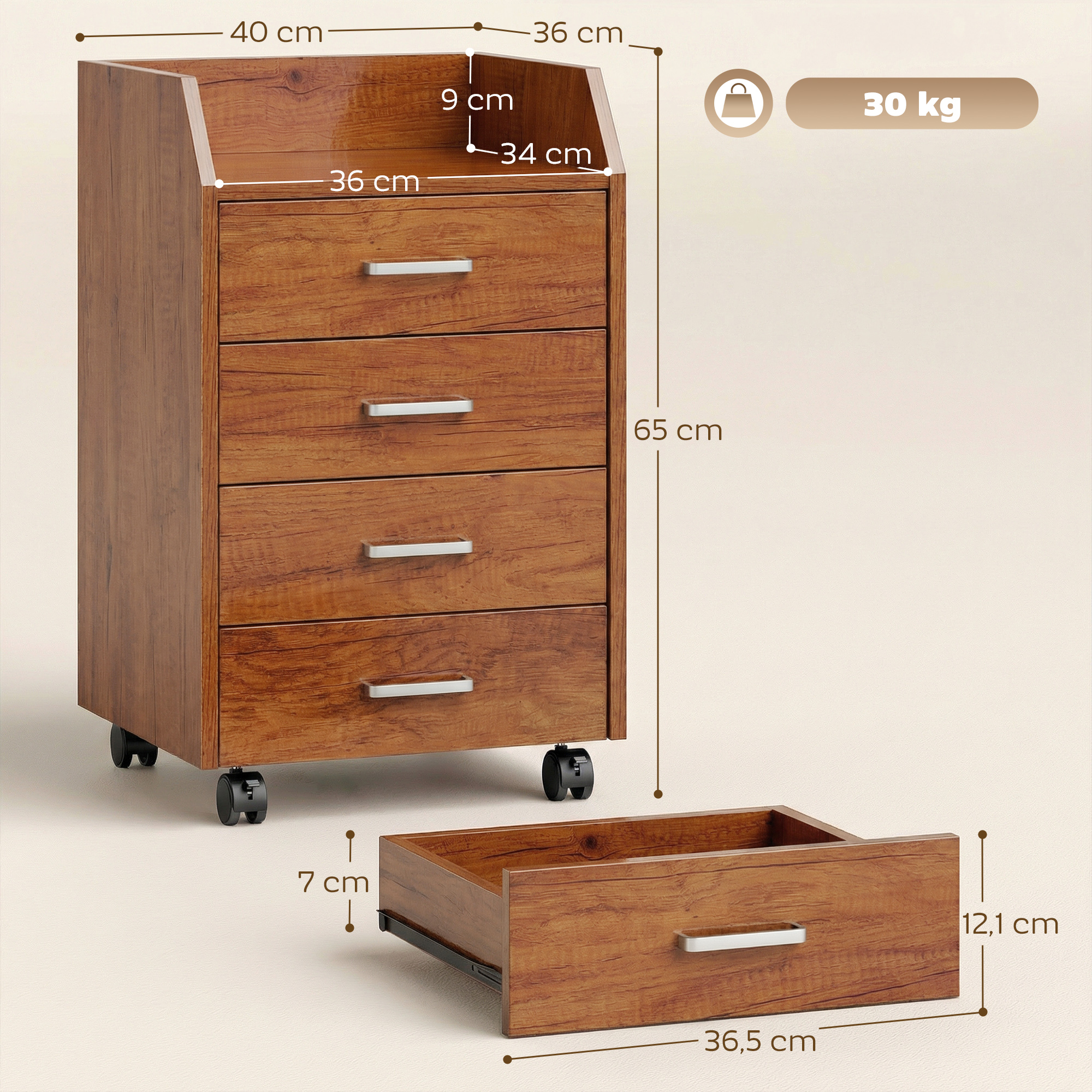 Un archivador de madera con cuatro cajones y ruedas. Se muestran las dimensiones.