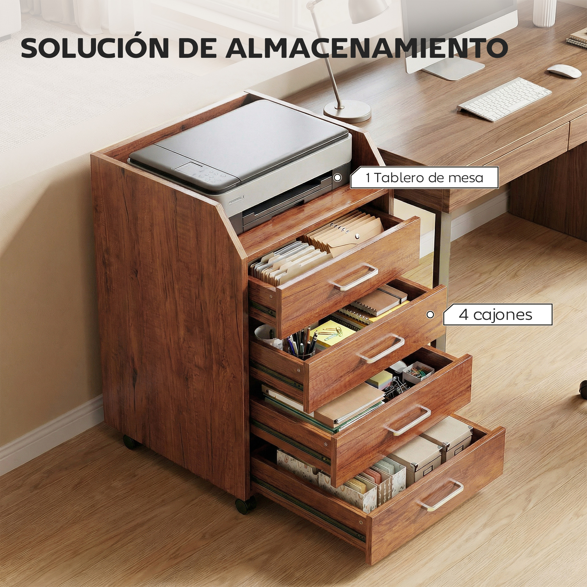 Mueble de escritorio de madera con impresora, cajones con documentos y material de oficina.