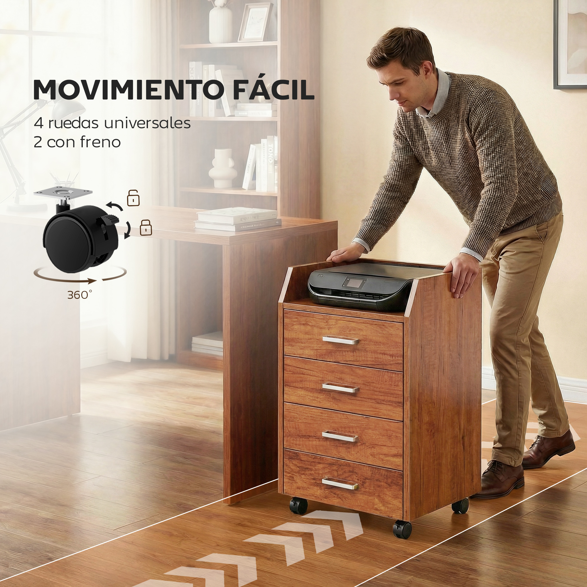 Hombre empuja mueble rodante de madera con impresora. Rueda con rotación 360°.