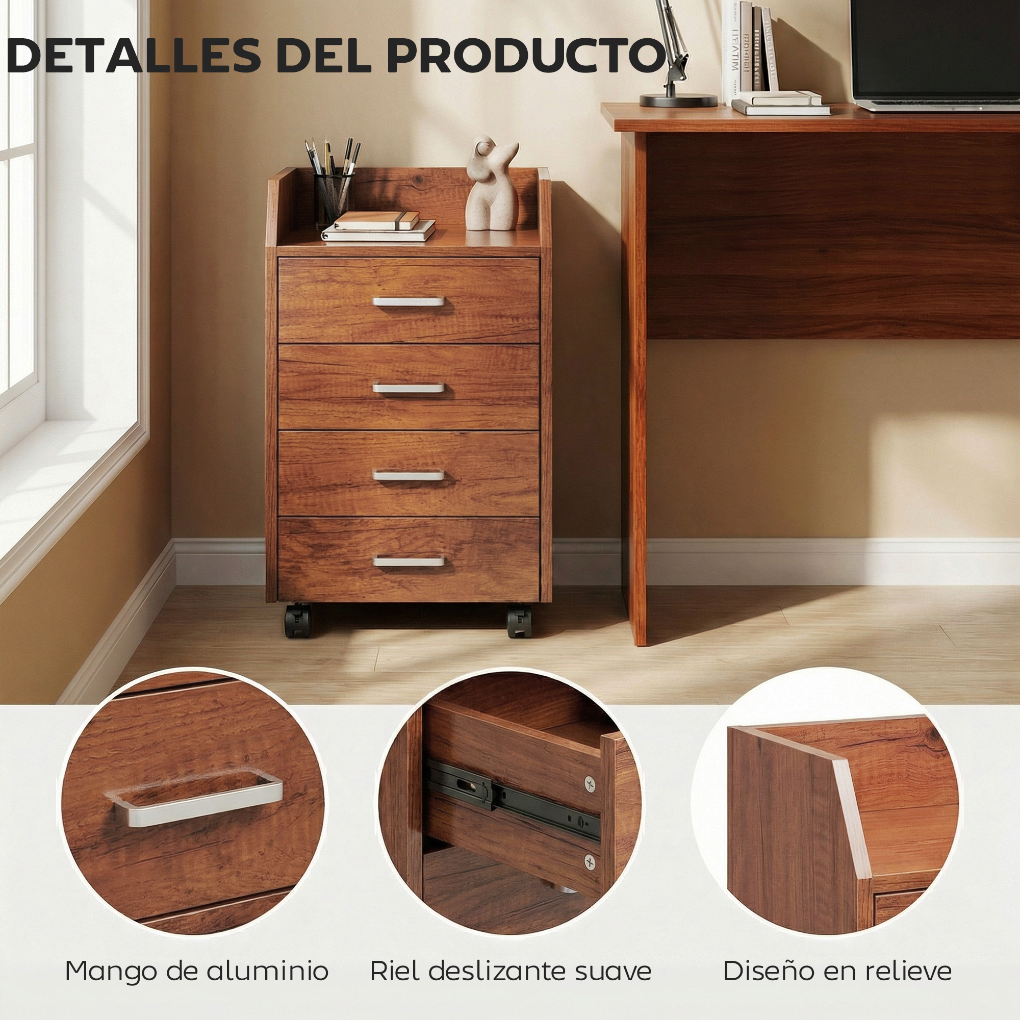 Un archivador de madera con cinco cajones al lado de un escritorio.