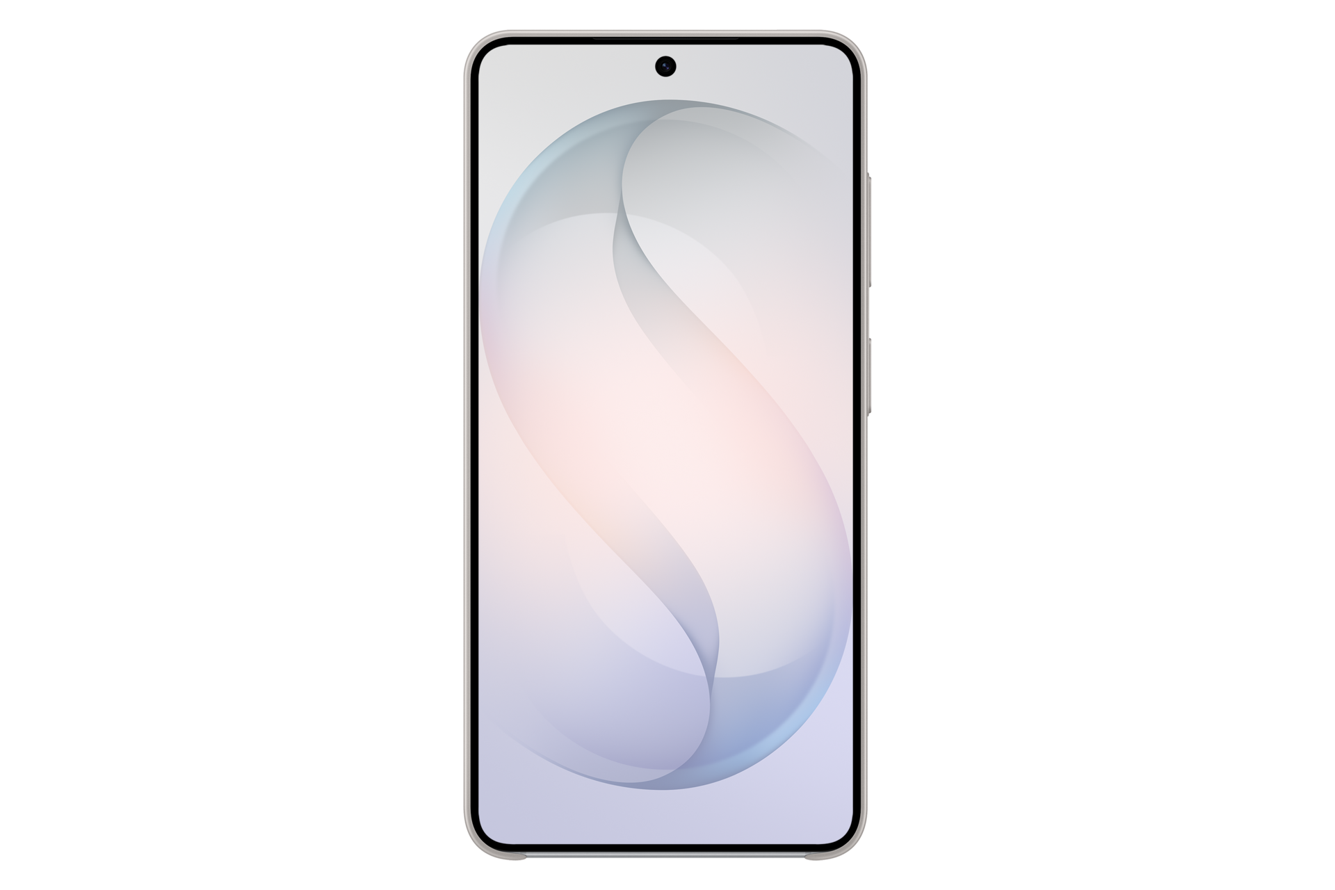 Ein schlankes Smartphone mit einem hellgrauen Hintergrund und einem blauen und rosa Muster.