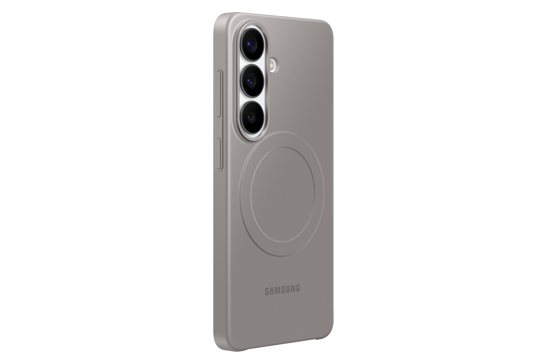 Graue Samsung Handyhülle mit drei Kameras und Ladekreis.