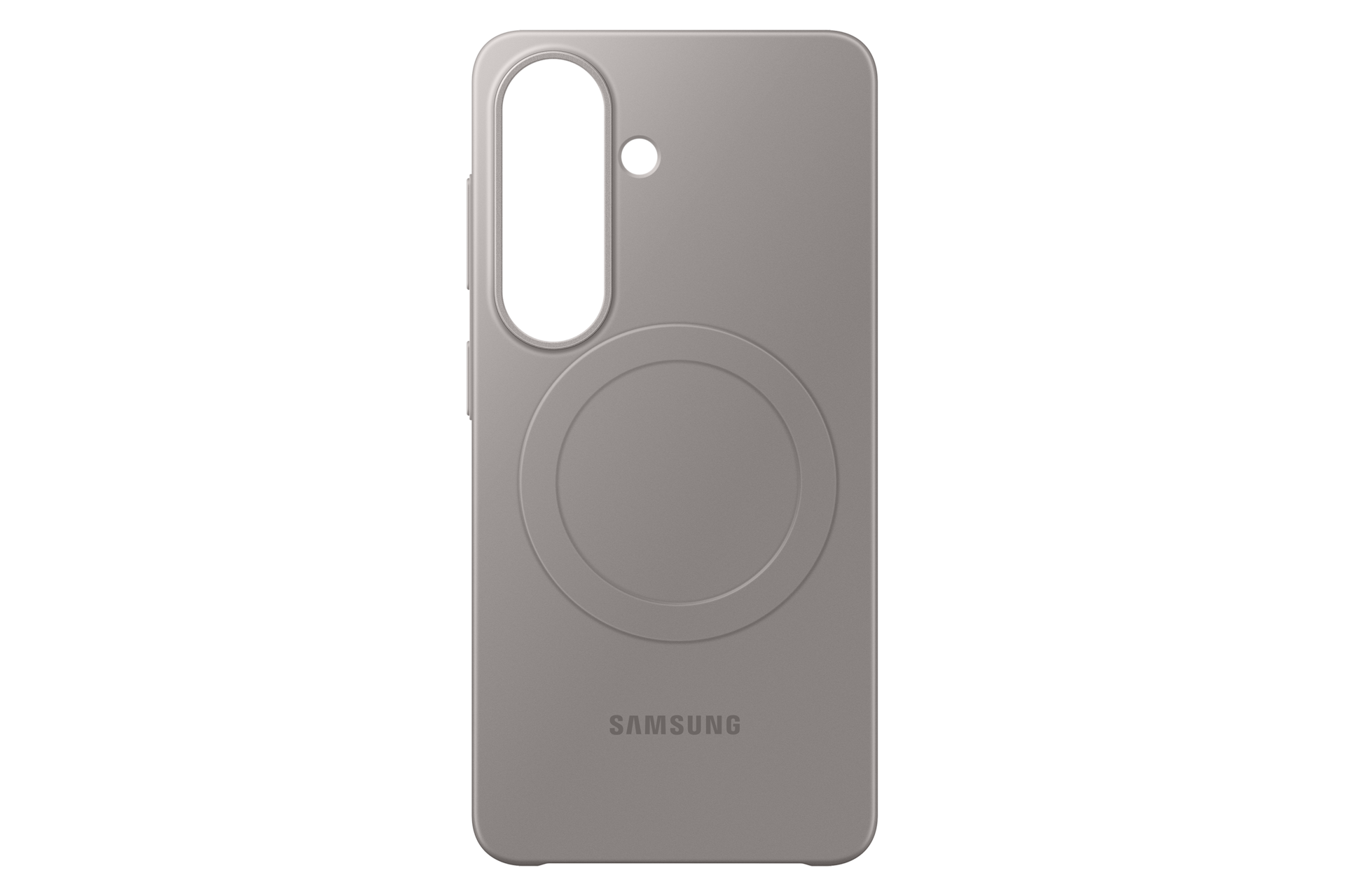 Graue Samsung Handyhülle mit kreisförmiger Aussparung für Kameras und Ladefunktion.