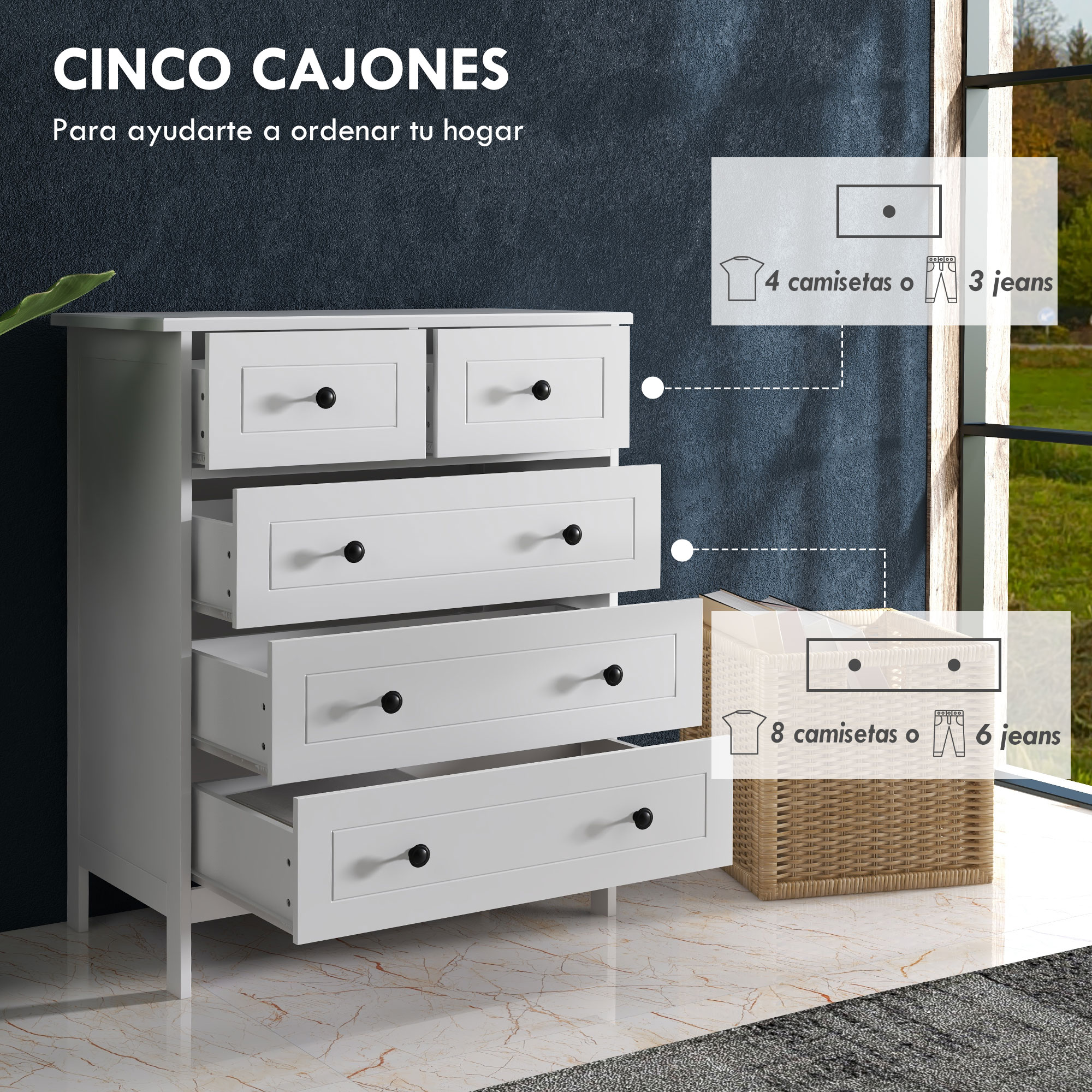 Una cómoda blanca de cinco cajones sobre un suelo de mármol.