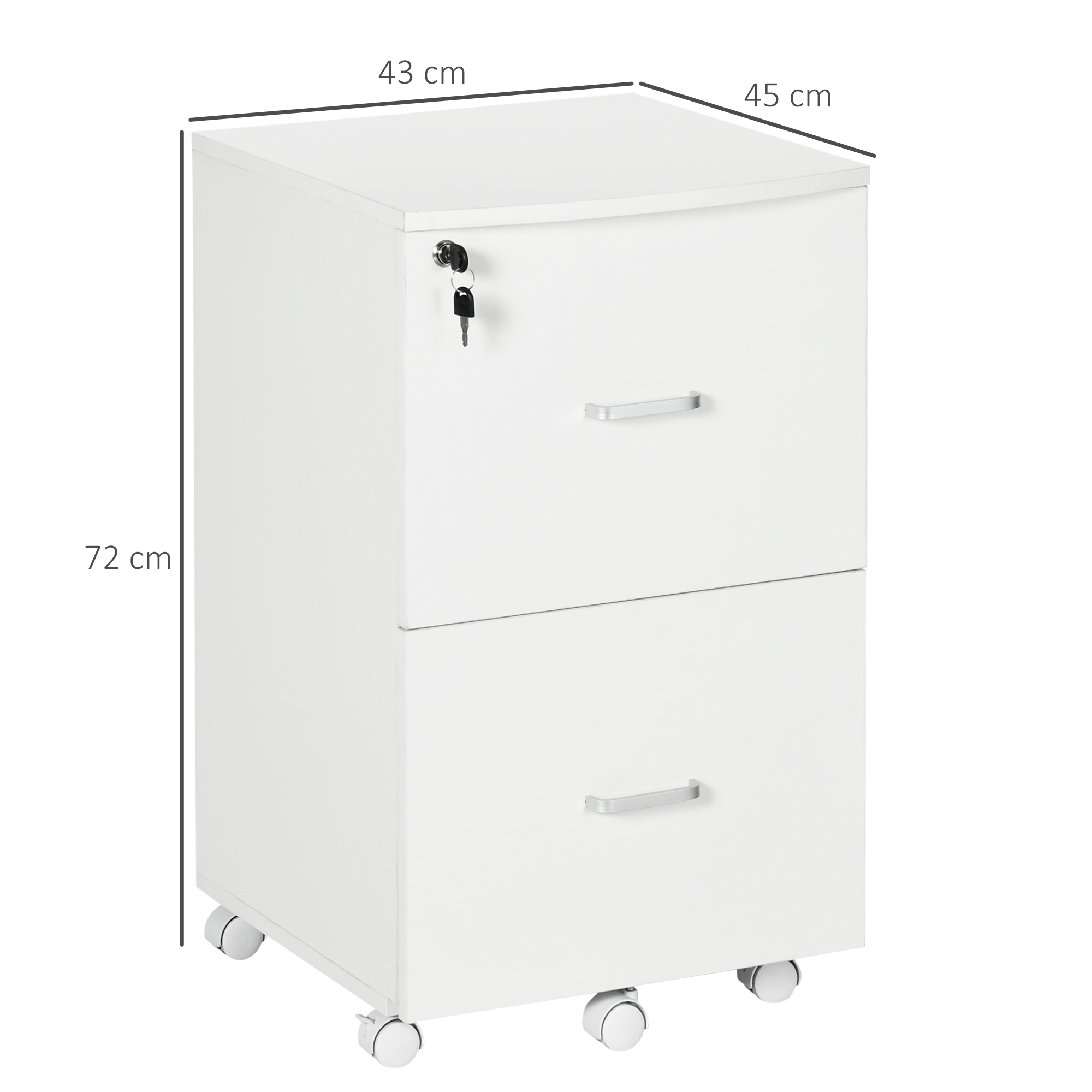 Archivador blanco de 2 cajones con ruedas, dimensiones 43x45x72cm.