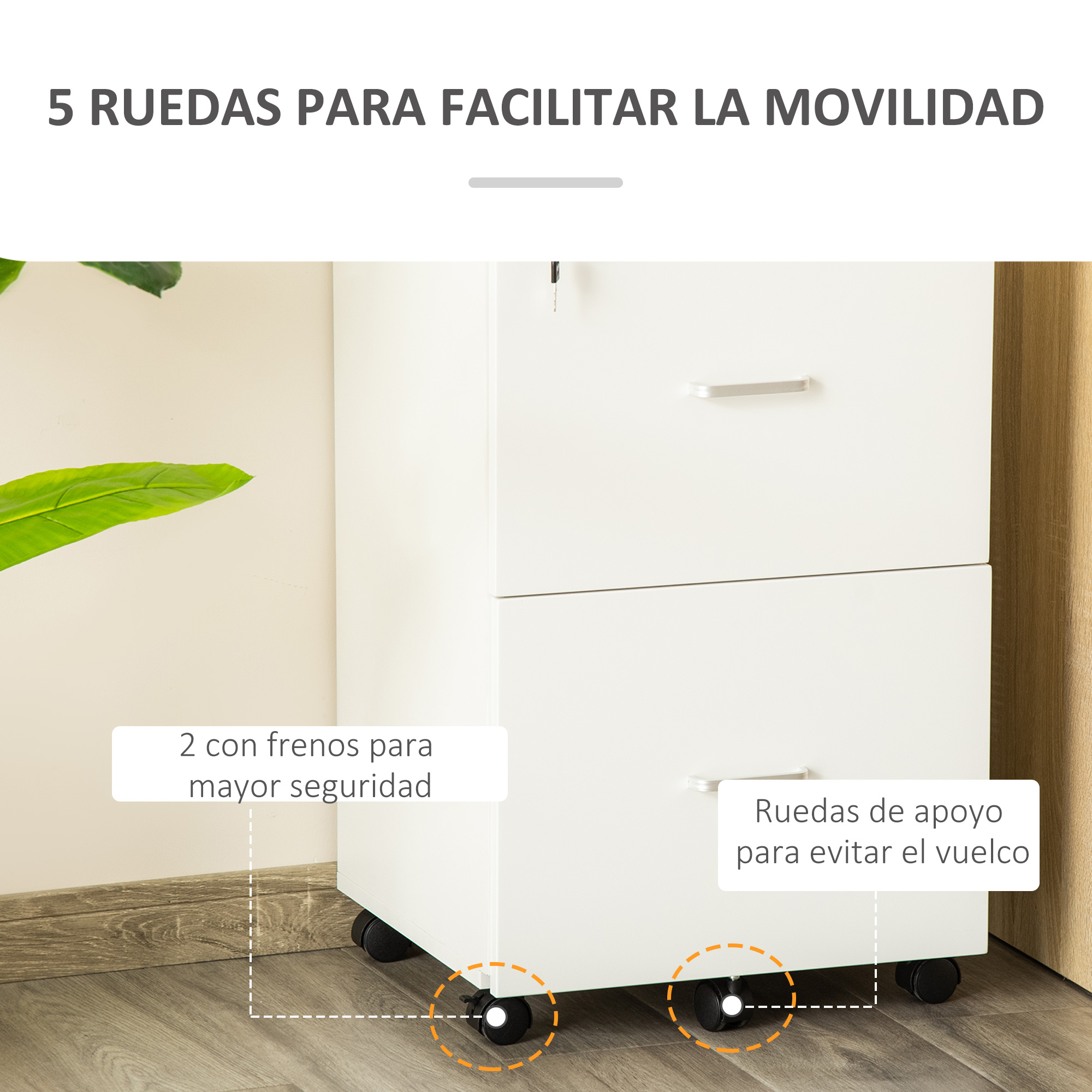 Un archivador blanco con 5 ruedas, dos de ellas con freno.
