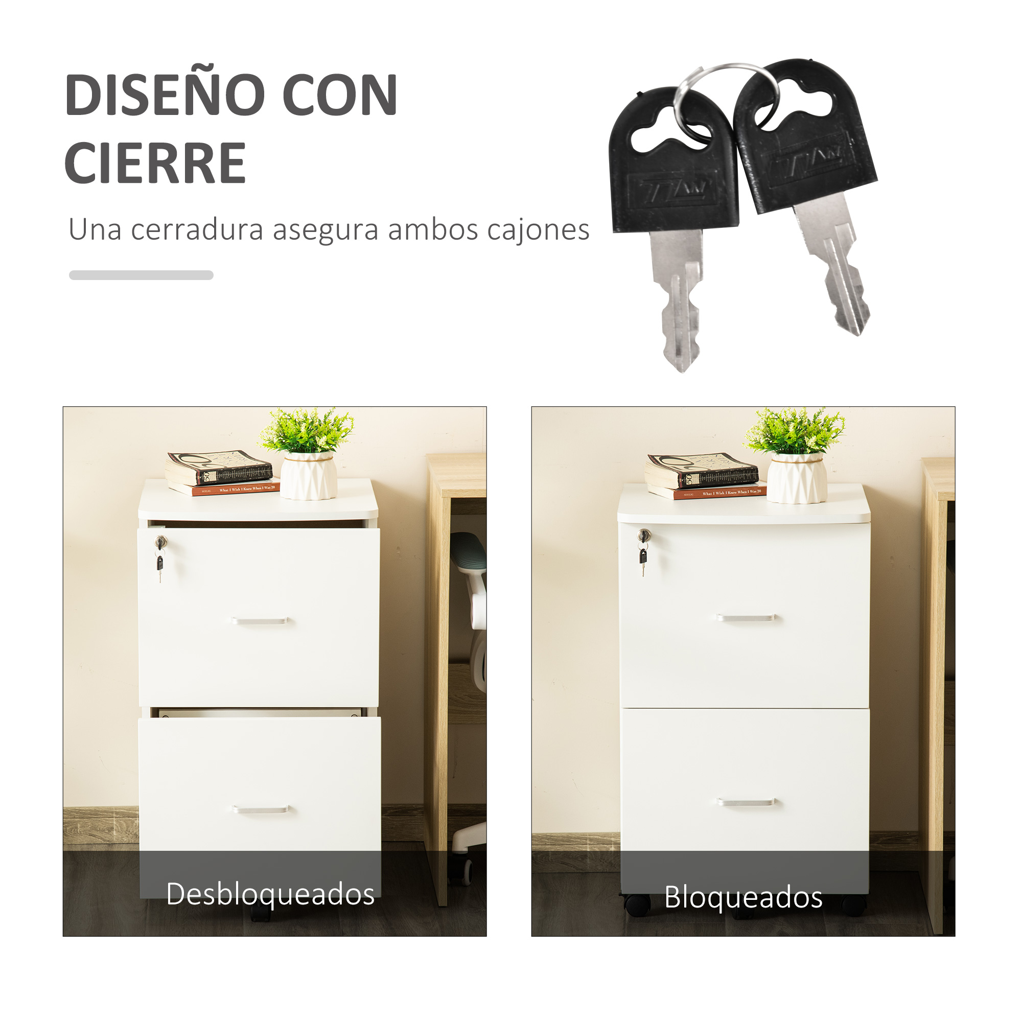 Dos archivadores blancos, uno desbloqueado, uno bloqueado, con llaves.