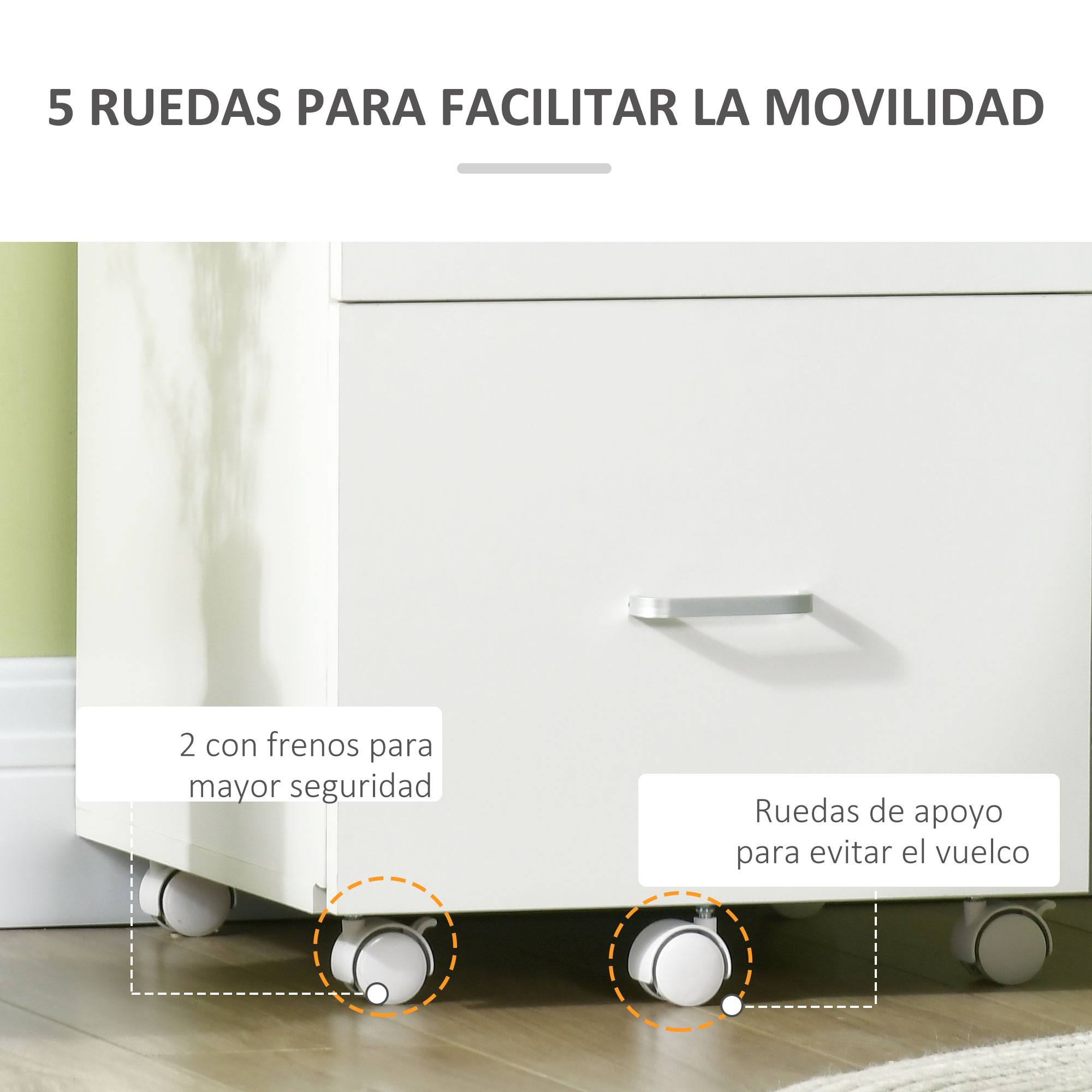 Mueble blanco con ruedas, 2 con frenos, 3 sin.