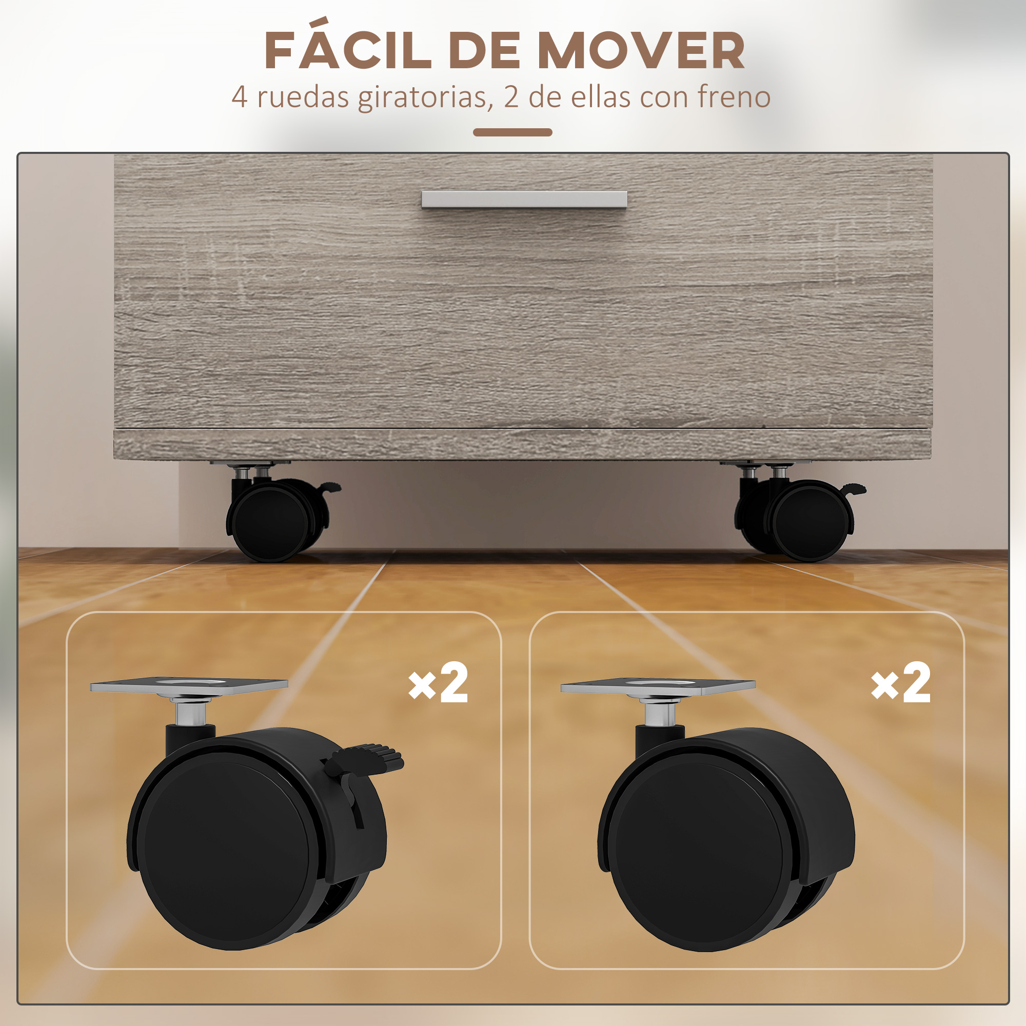 Ruedas de muebles con y sin frenos sobre suelo de madera.