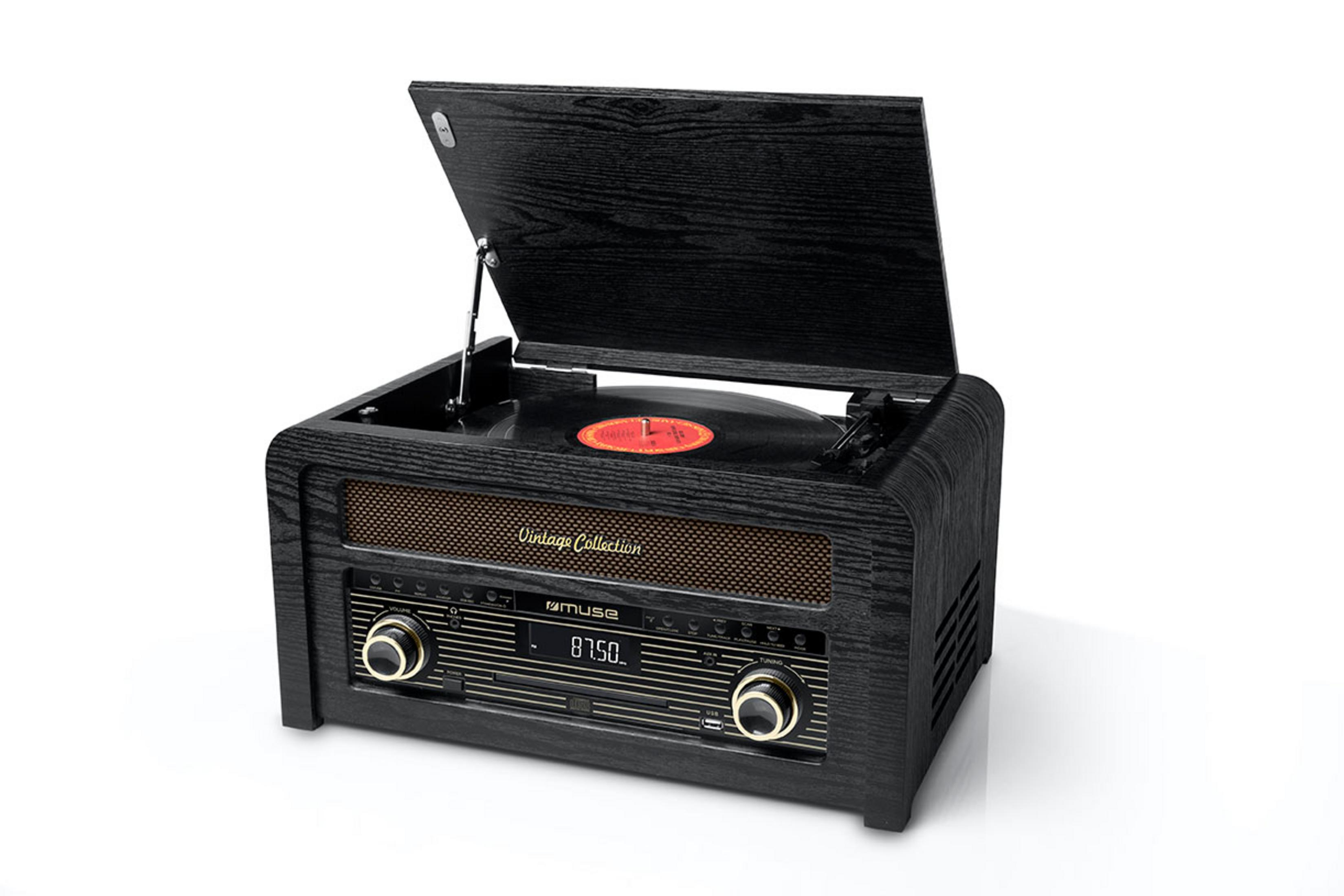 Giradischi nero con coperchio aperto, che mostra un disco in vinile.