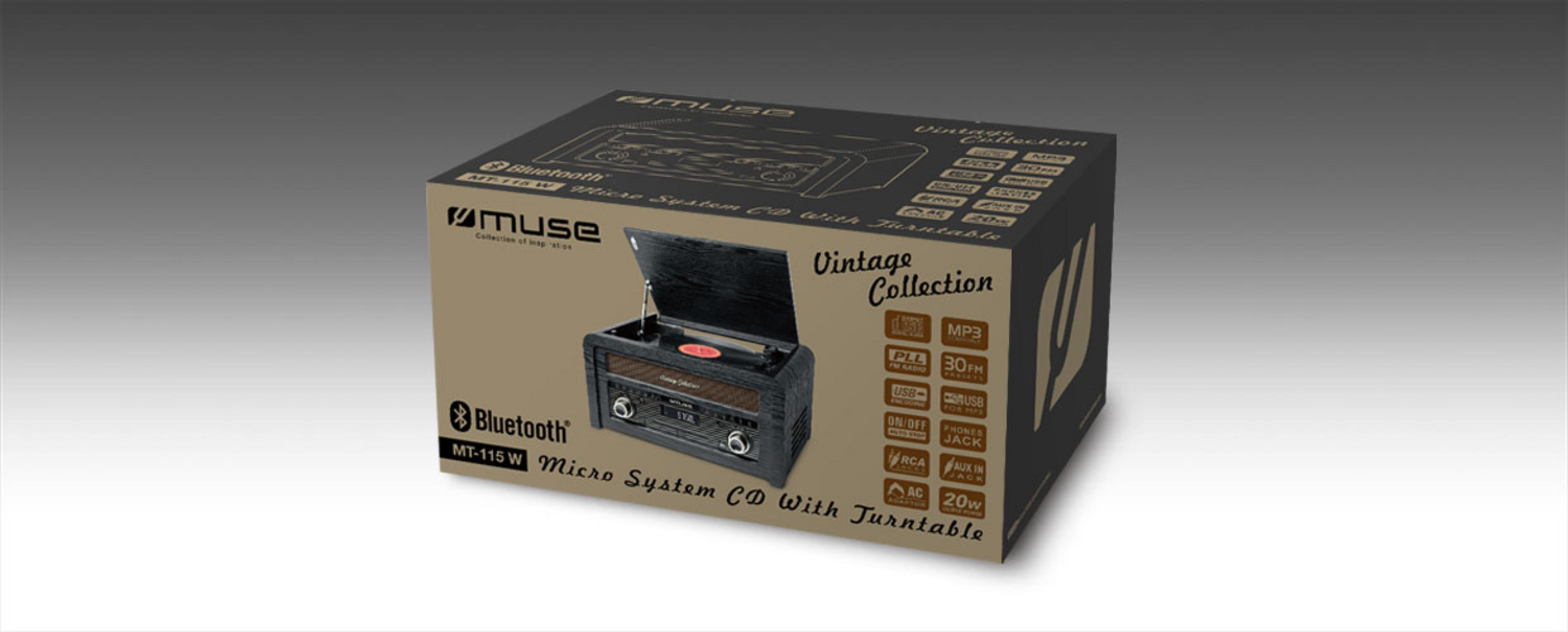 Scatola di un micro sistema CD vintage con giradischi, Bluetooth e radio.
