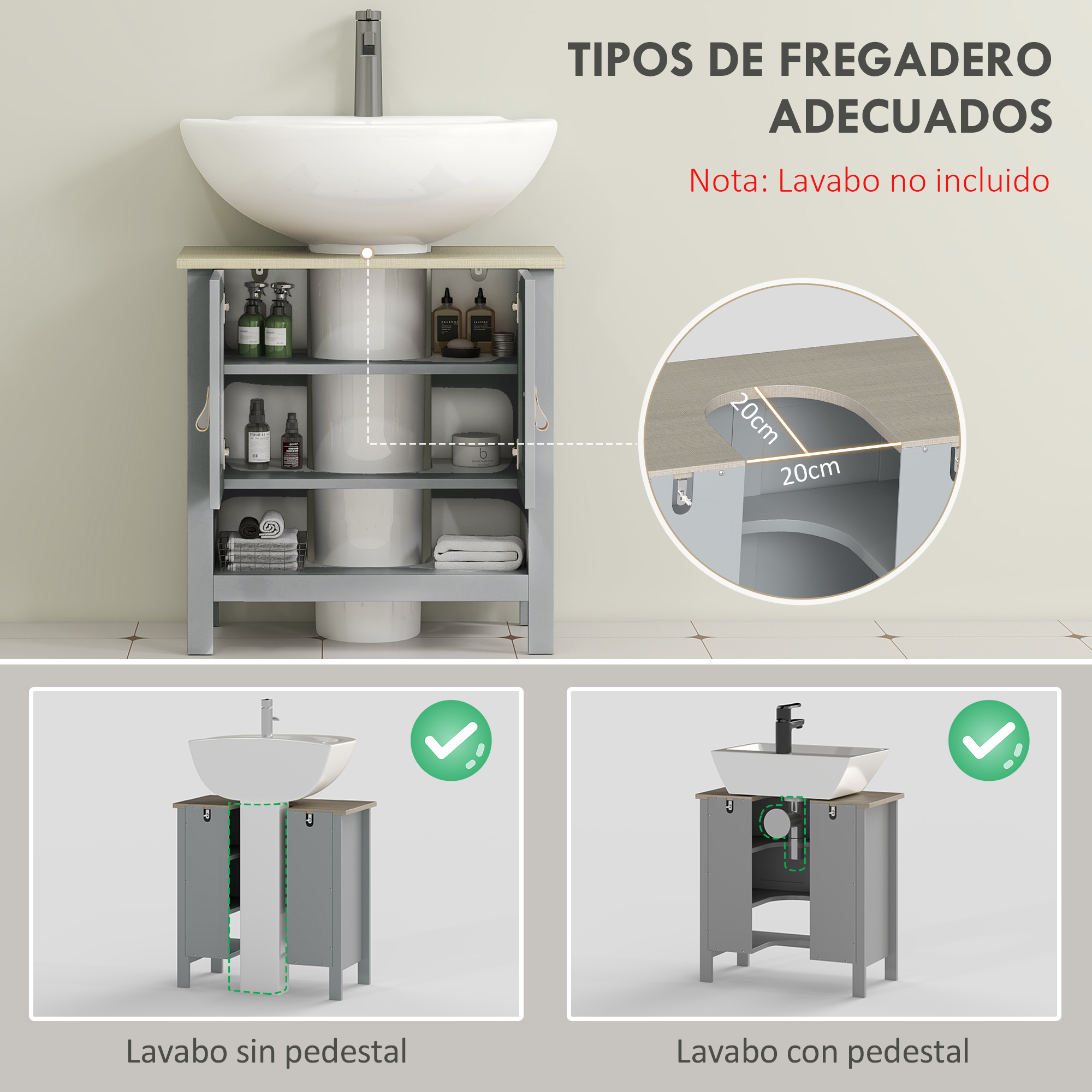 Un mueble de baño con dos puertas, dos estantes y un compartimento.