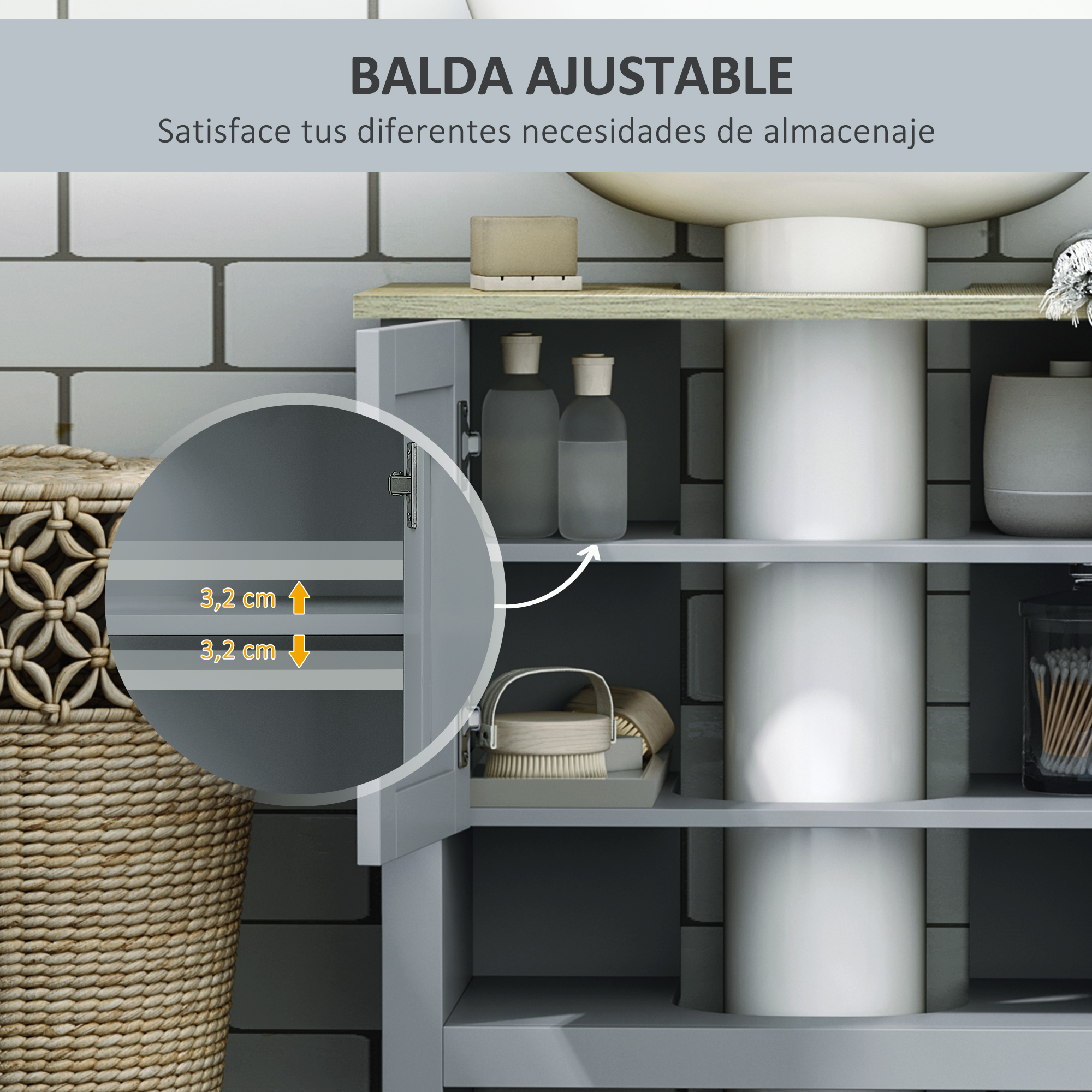 Gabinete de baño gris con estantes llenos de botellas, cestas y almohadillas de algodón.