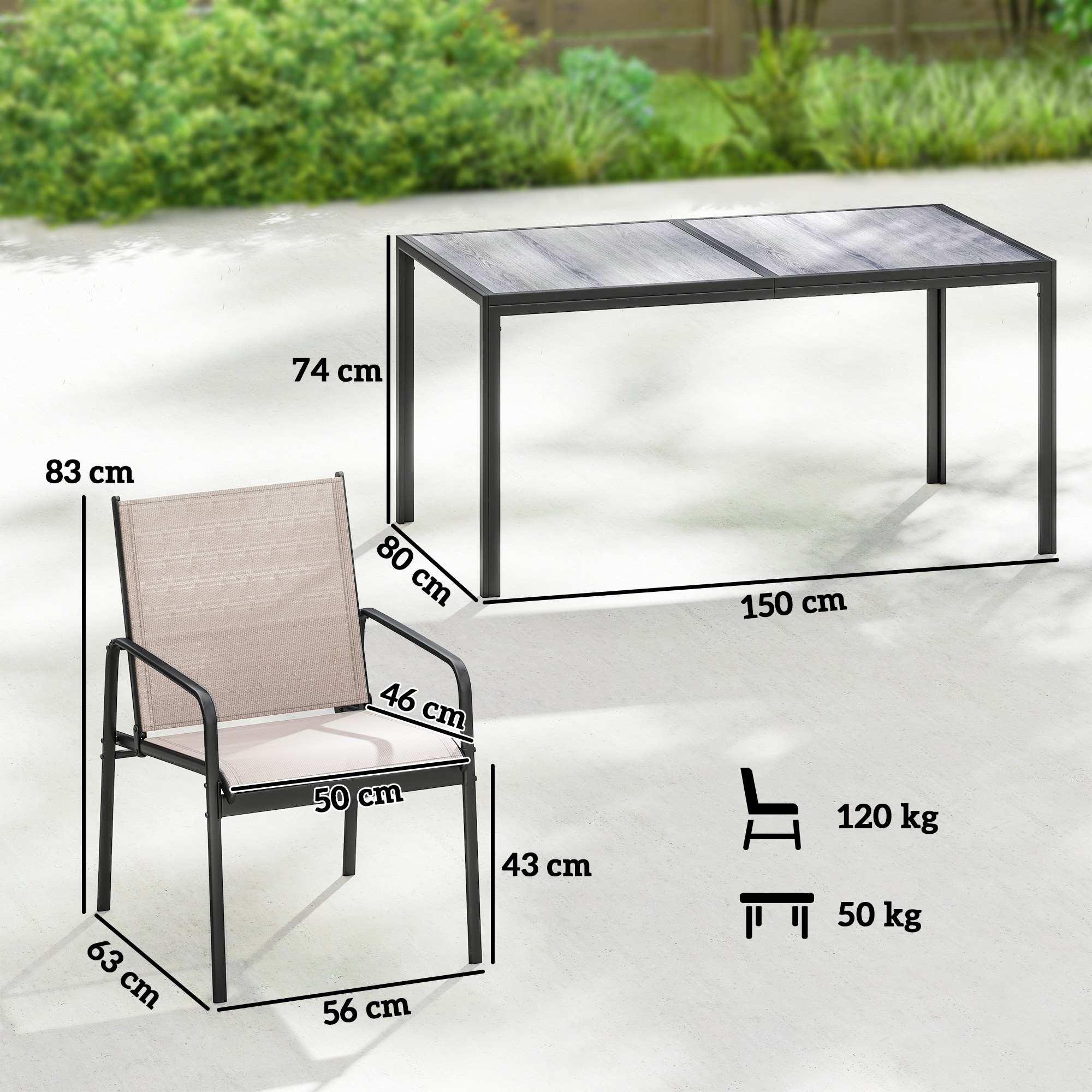 Una mesa (150x80x74cm) y una silla (56x63x83cm) con dimensiones y pesos.