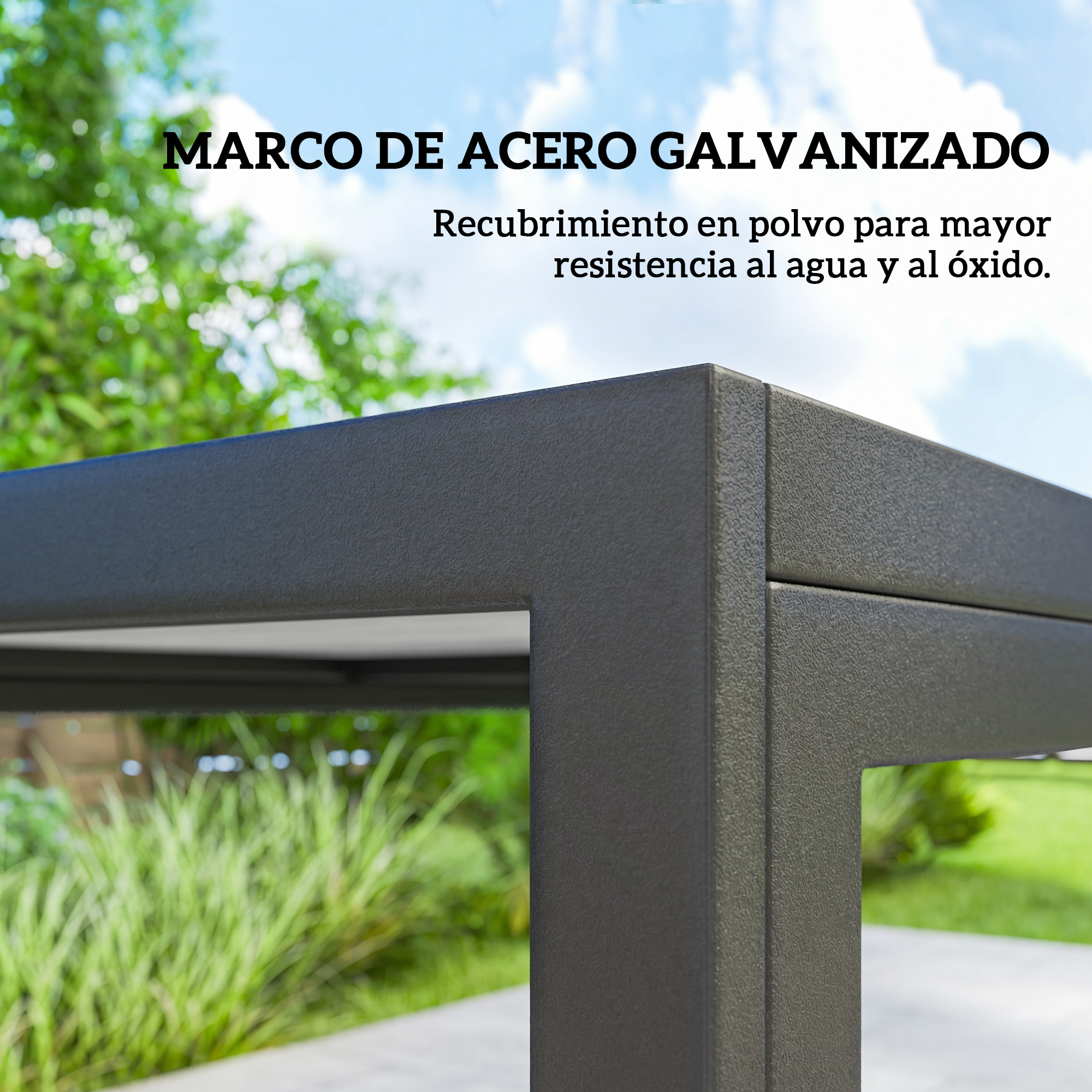 Marco de metal gris oscuro con recubrimiento en polvo, al aire libre.