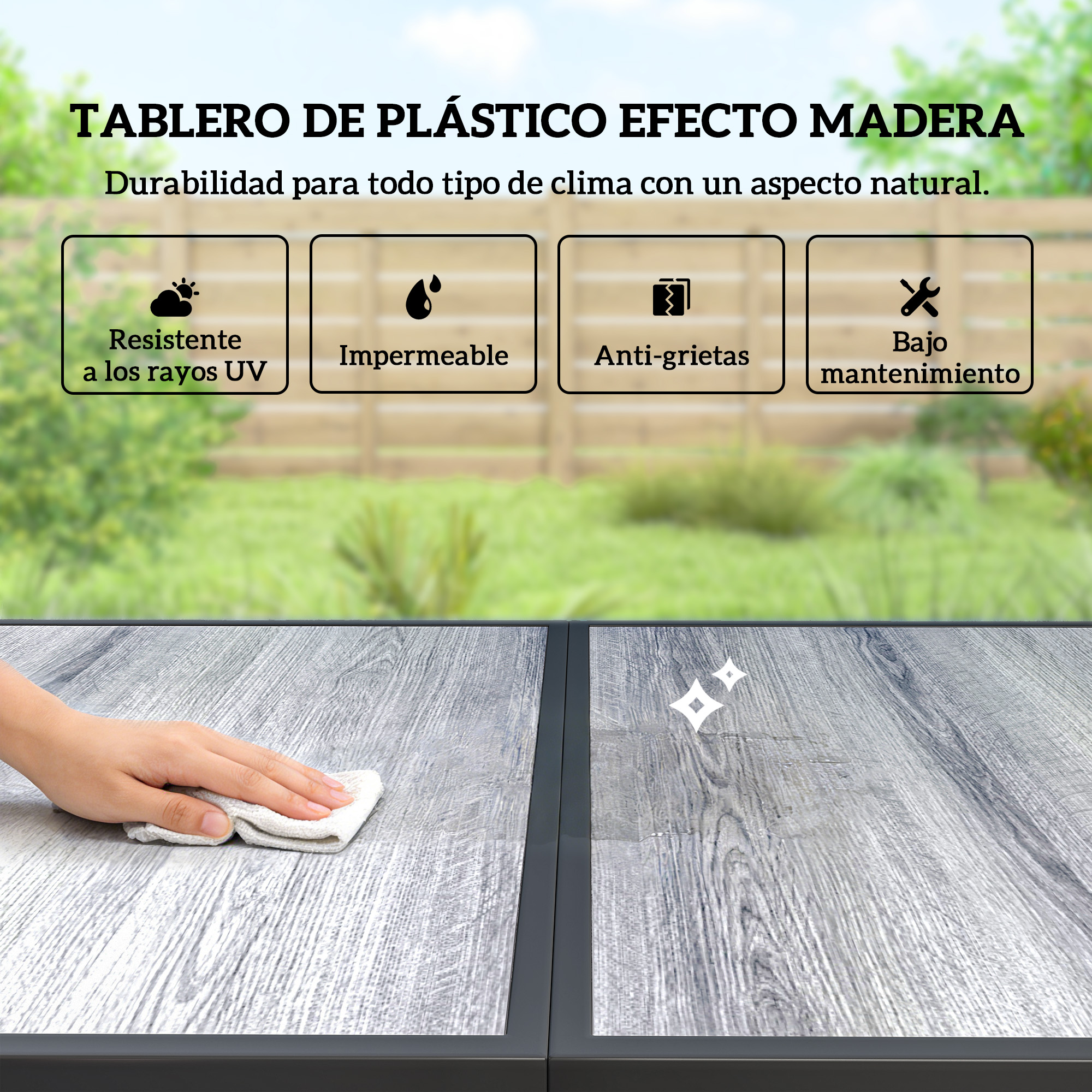 Tablero plástico efecto madera: resistente UV, impermeable, anti-grietas, bajo mantenimiento.