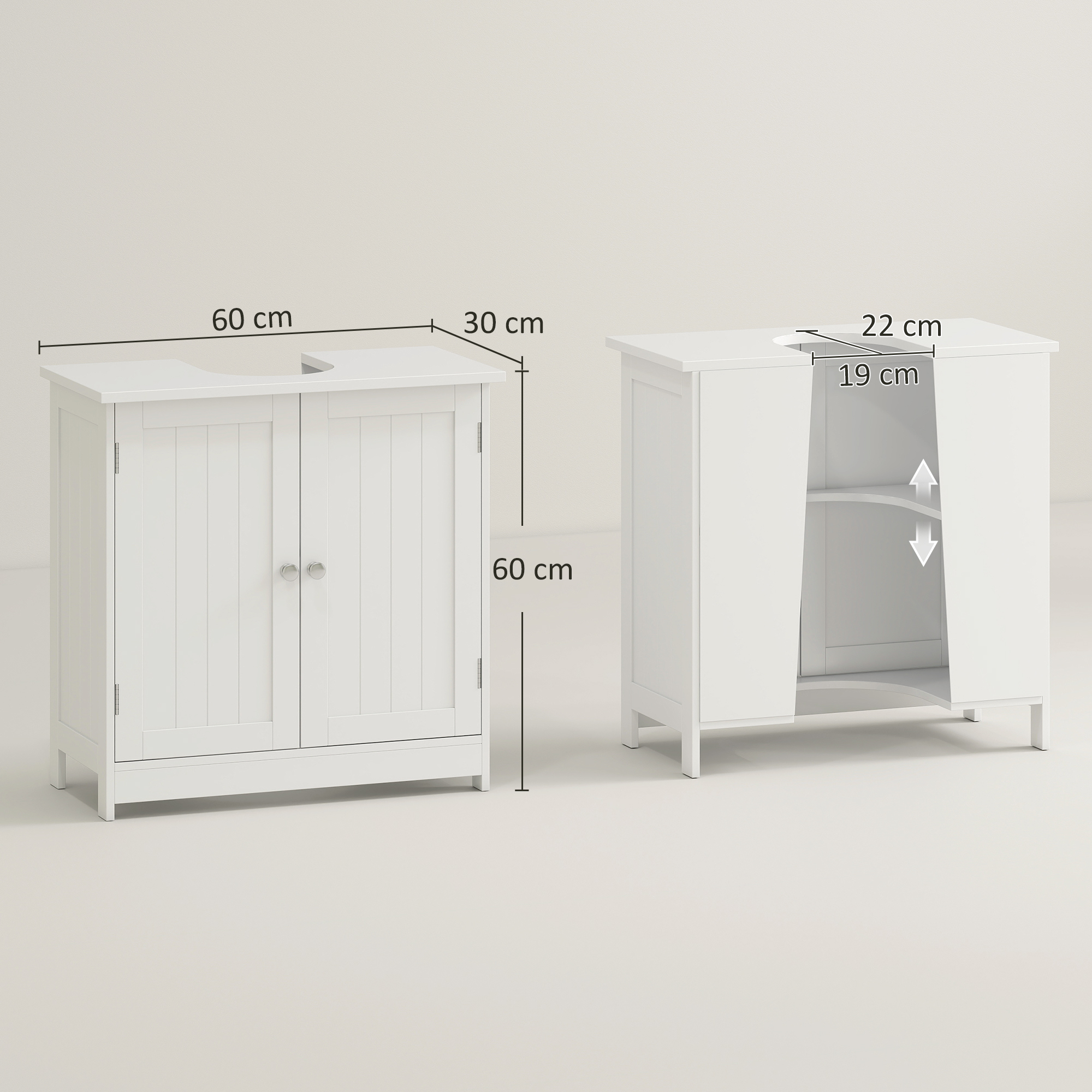 Dos armarios de baño blancos, uno cerrado con puertas, el otro abierto mostrando estantes.