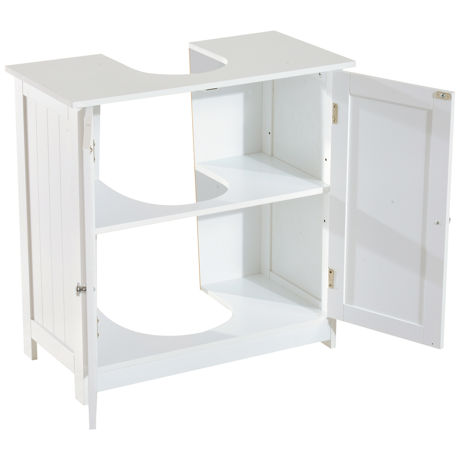 Gabinete blanco con dos estantes y una puerta abierta.