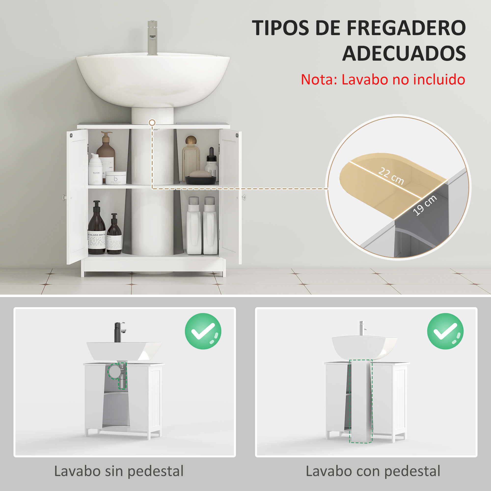 Mueble de baño con lavabo, dimensiones y opciones de instalación.