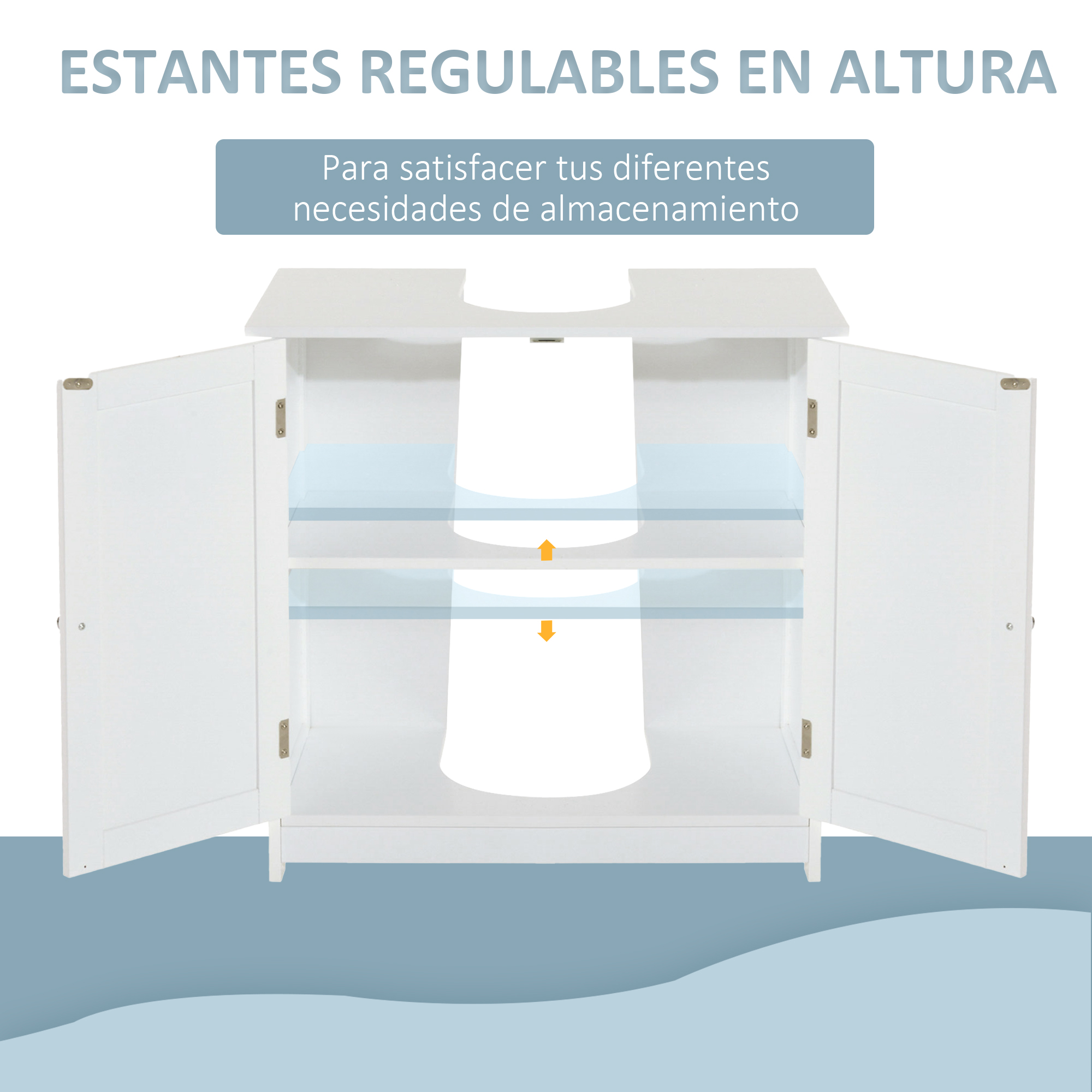 Un armario blanco con puertas abiertas y estantes ajustables.