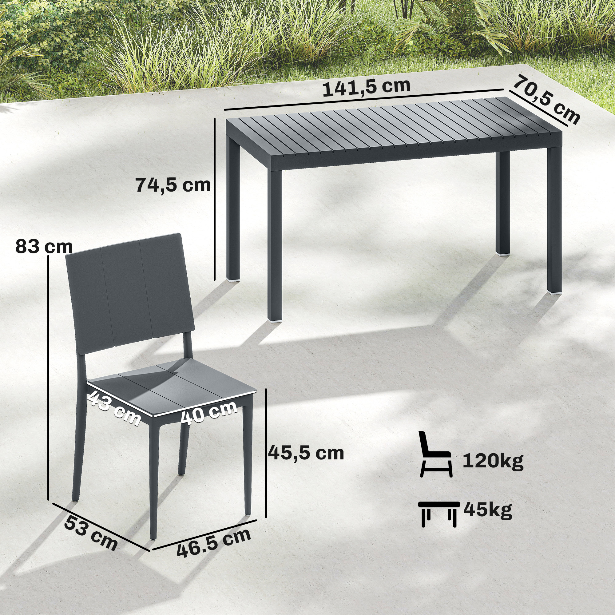 Mesa de exterior gris (141,5x70,5x74,5 cm) con silla (83x53x43 cm).
