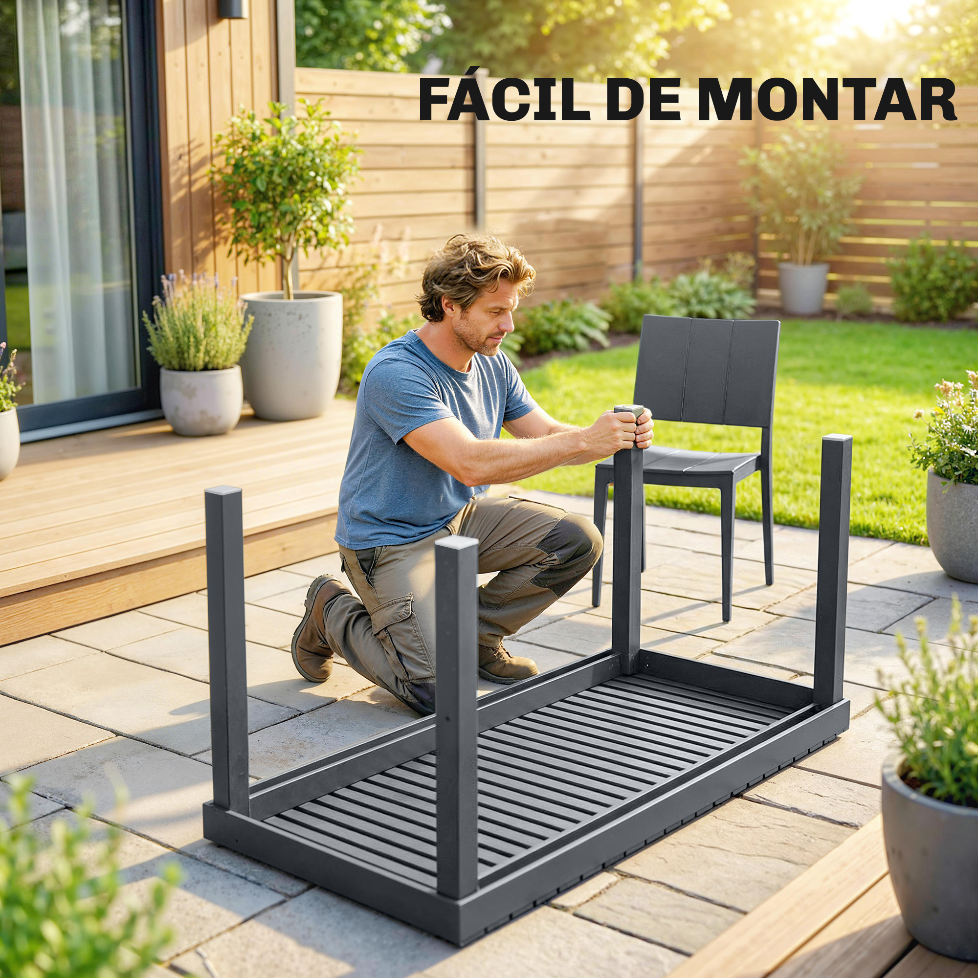 Hombre montando una mesa en un jardín. El sol brilla.