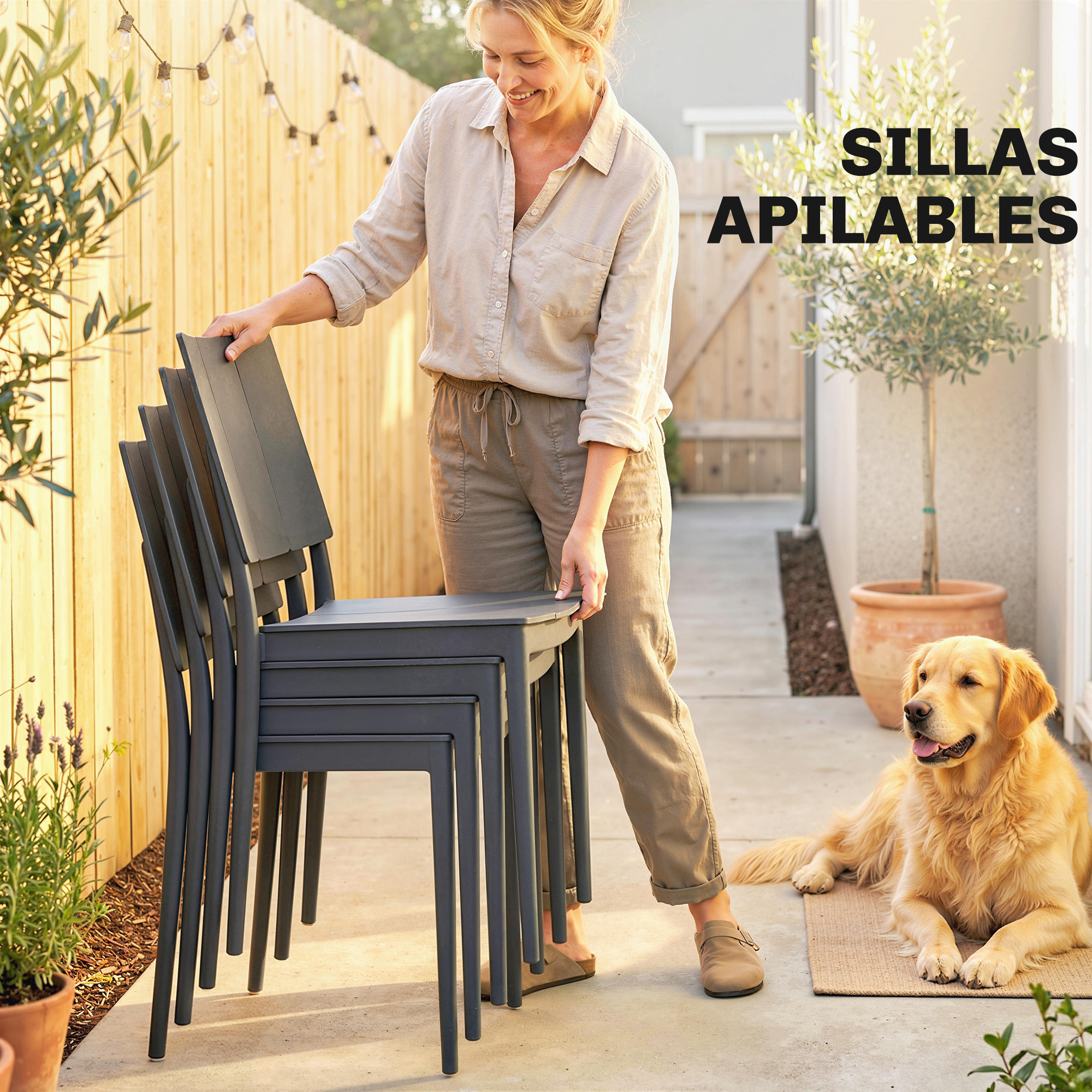 Mujer apila sillas oscuras contra valla de madera con luces. Perro yace cerca.
