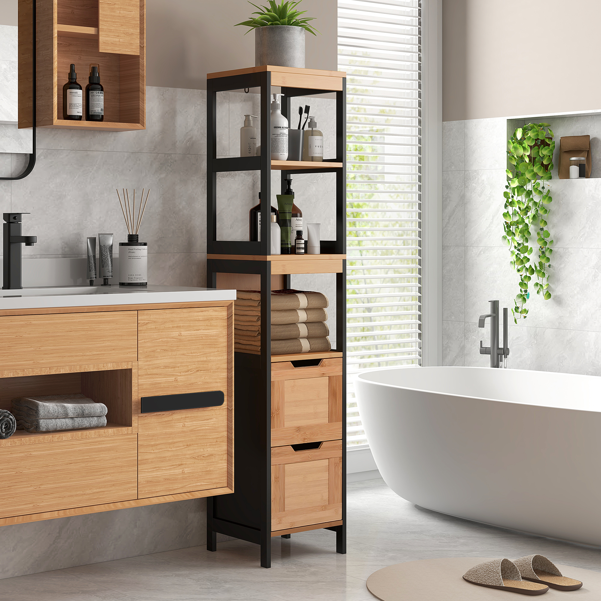 Un baño moderno con tocadores de madera, bañera, estantería y lavabo.