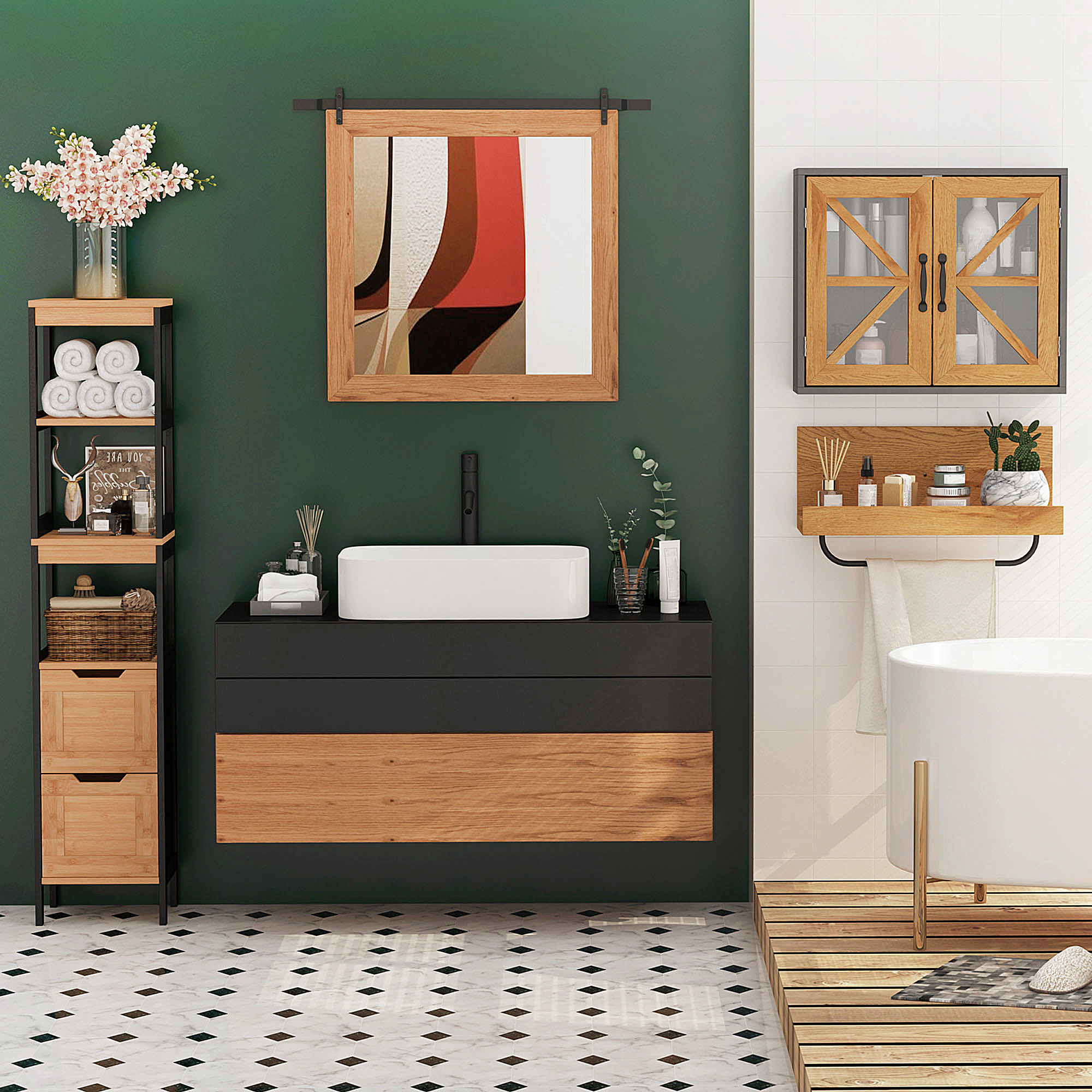 Un baño con pared verde, muebles de madera, espejo y bañera.